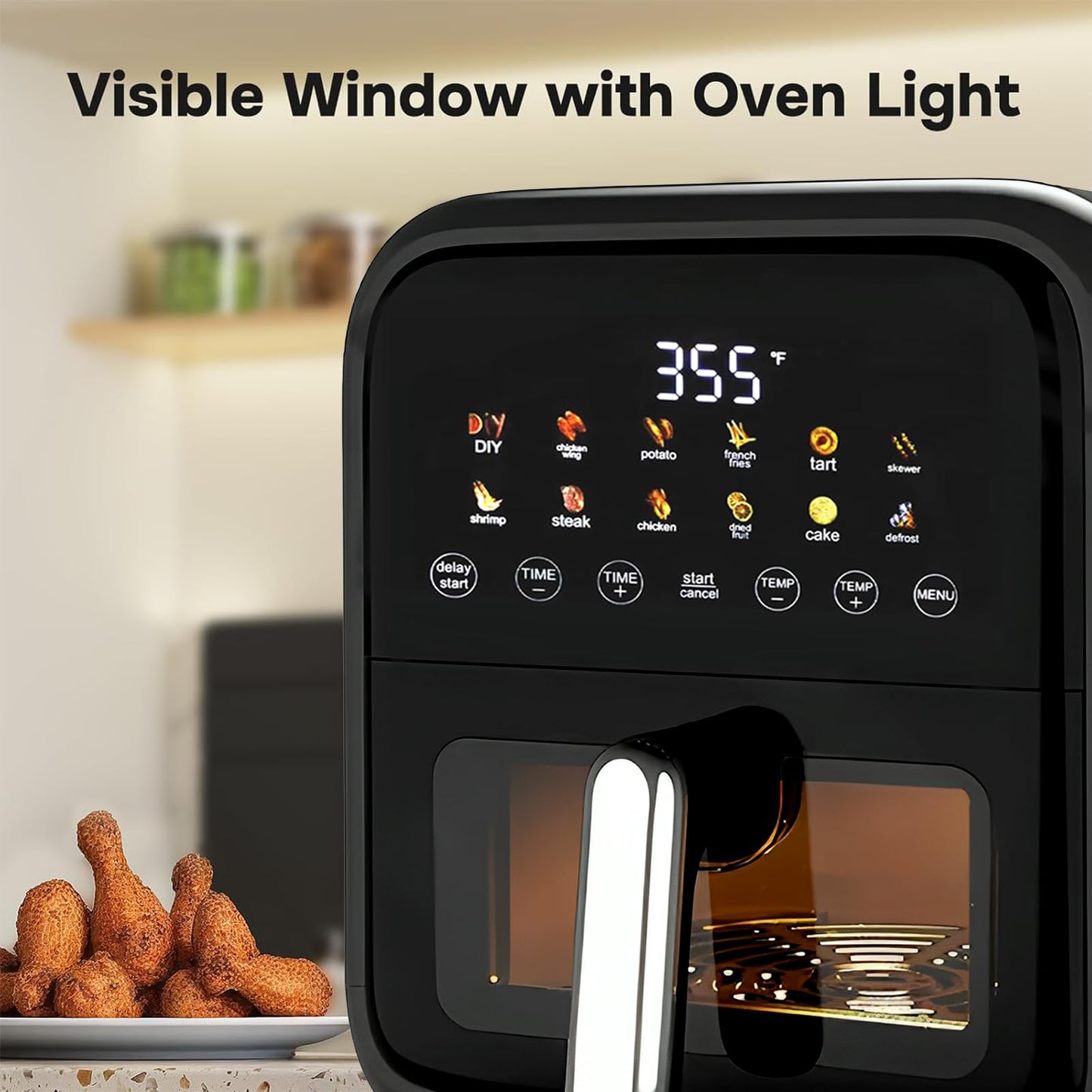 Simple Deluxe 12-in-1 Air Fryer 7.5 Qt, Digital Preset & DIY Function Airfryer with Visible Window, Nonstick and Dishwasher-Safe Basket, Chicken, Fries, Fish, Tart, Cake, DIY, Black