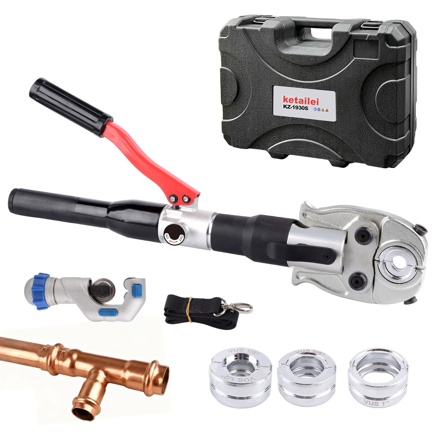 ketailei Hydraulic Pipe Crimping Tool | 65MPa Auto Pressure Relief | 1/2", 3/4", 1" Jaw for Copper Tube Fittings | Press Crimper Pliers with Pipe Cutter （KZ-1930S）