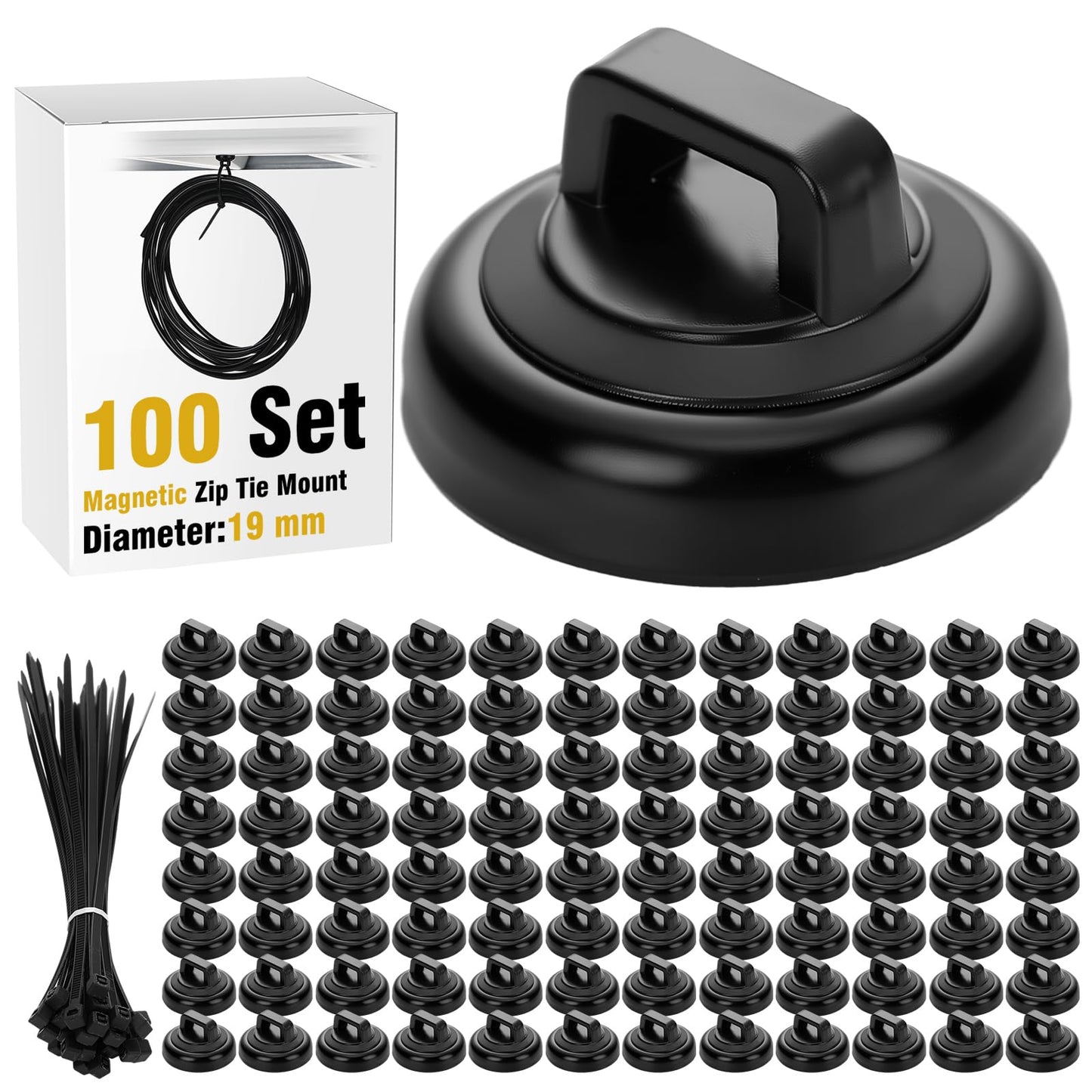 Leinuosen 100 Set Magnetic Zip Tie Mount and Nylon Cable Ties, 19 mm Multipurpose Wire Cable Holder Mount Wire Clips Management Electrical Organization Supplies