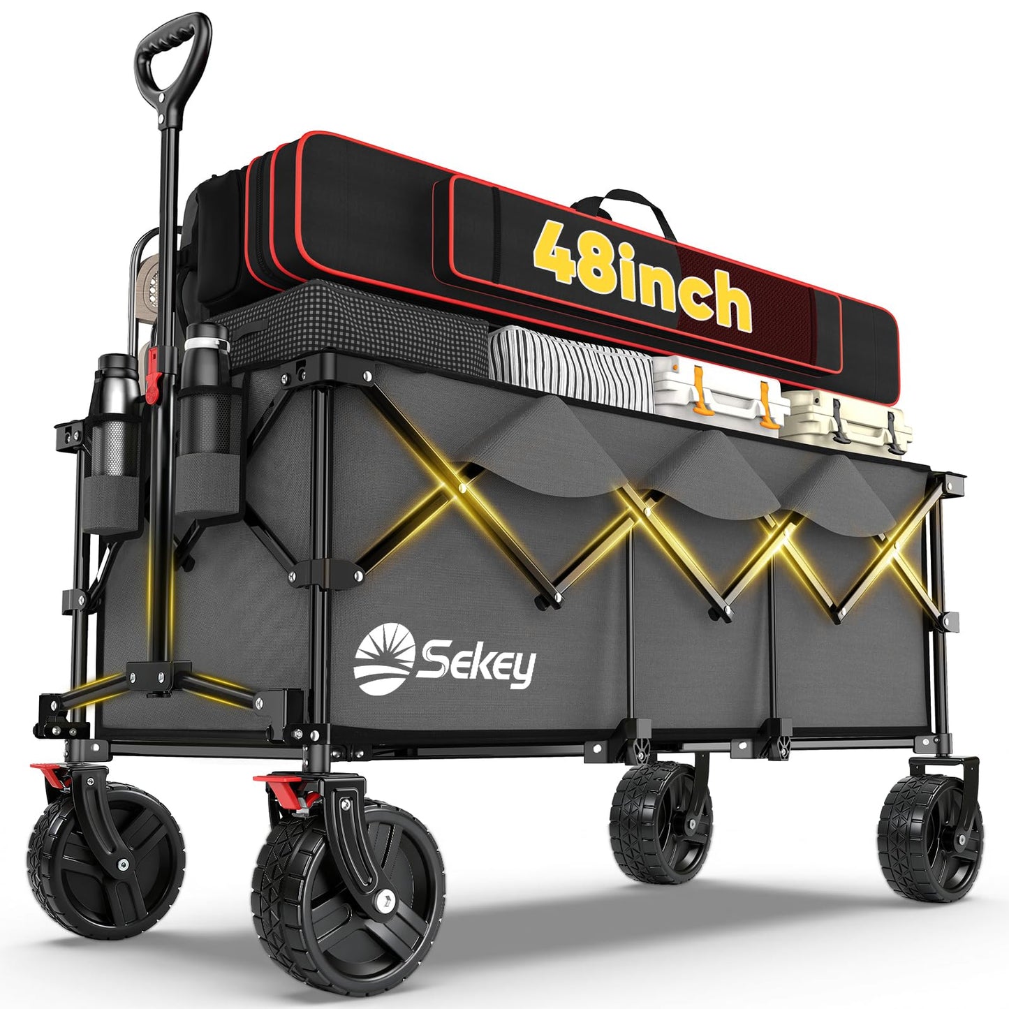 Sekey 48''L Collapsible Foldable Extended Wagon with 660lbs Weight Capacity, Heavy Duty 300L Folding Utility Garden Cart with Big All-Terrain Beach Wheels & Drink Holders. Grey