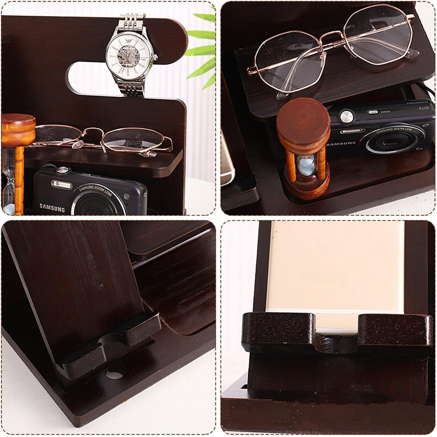 5-in-1 Wood Phone Docking Station, Desktop Organizer for Phone, Watch, Keys, Glasses & Office Supplies, Birthday Gifts