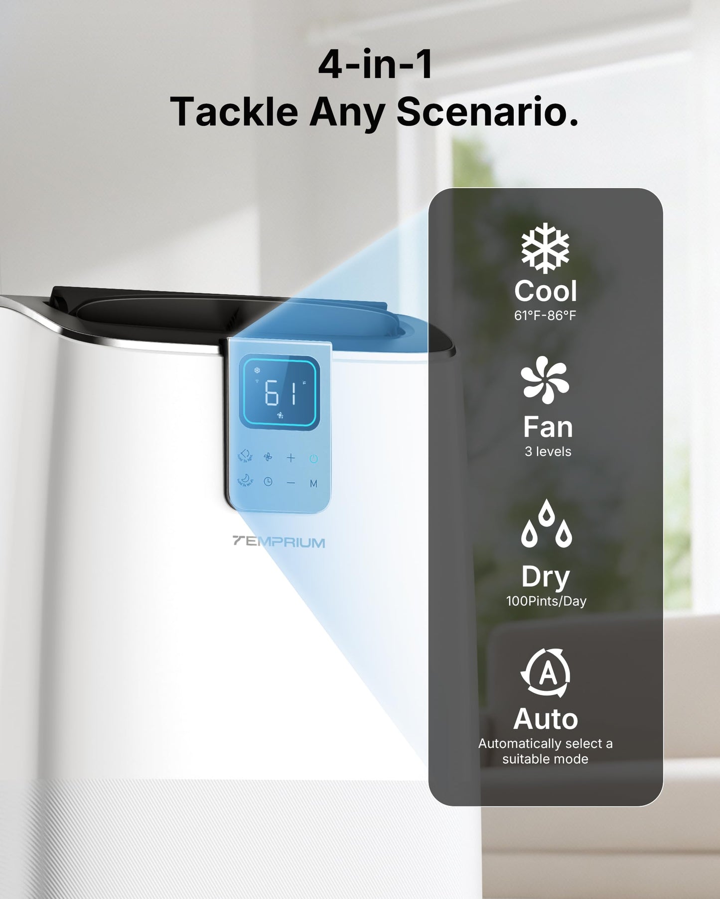 Temprium 14,000 BTU Smart Portable Air Conditioner for Large Rooms up to 750 Sq.ft, 41dB Quiet Efficient AC Unit with App & Voice Control, 4-in-1 Cooling, Dehumidifier, Fan, No-Drain Self-Evaporating