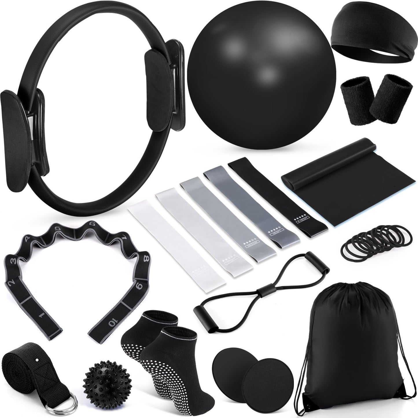 Poen 18 Pcs Home Pilates Ball and Ring Circle Set Yoga Fitness Essentials Kit with 5 Resistance Band Stretching Strap Non Slip Sock Ball Core Slider Wristband Headband Gym Bag for Women, Black