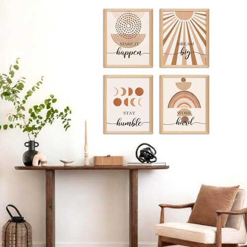Hapons Boho Sun Wall Art - Modern Abstract Geometric Prints for Bedroom & Office | 8"x10" Unframed Set of 4