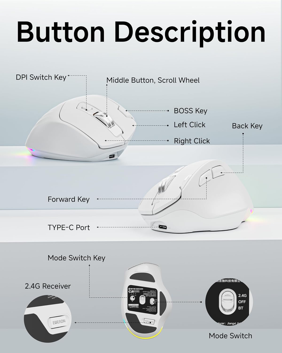 EWEADN C2 2.4G 5 4000 Ergonomic Wireless Mouse, Rechargeable Bluetooth & Dual Mode Computer Mouse with RGB, Quiet