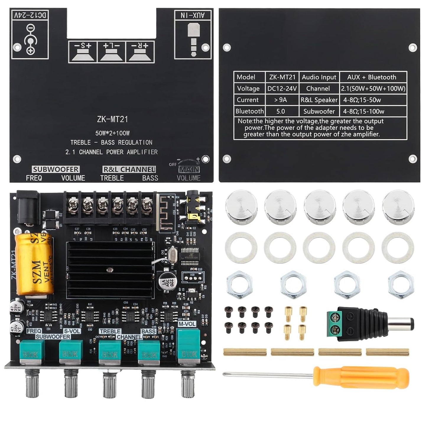 DiGiYes 2.1 50W 2+100W 12V-24V Bluetooth Power Amplifier Board with Subwoofer Channel x DC Audio Power Amplifier Module