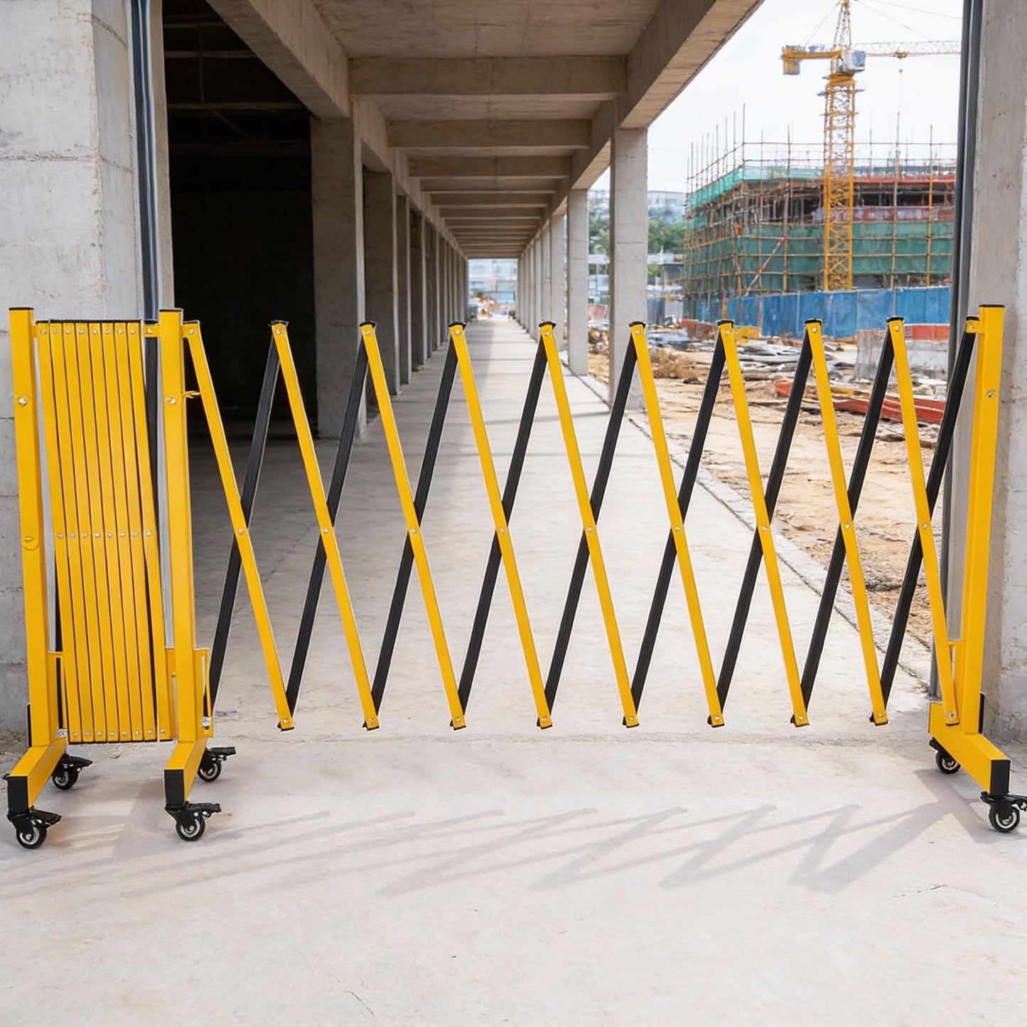 23.5FT Industrial Metal Expandable Barricade，Retractable Traffic Fence with Casters, Folding Security Gate，Portable Barricade Gate for Construction Area, Traffic Control, Cordon(Yellow