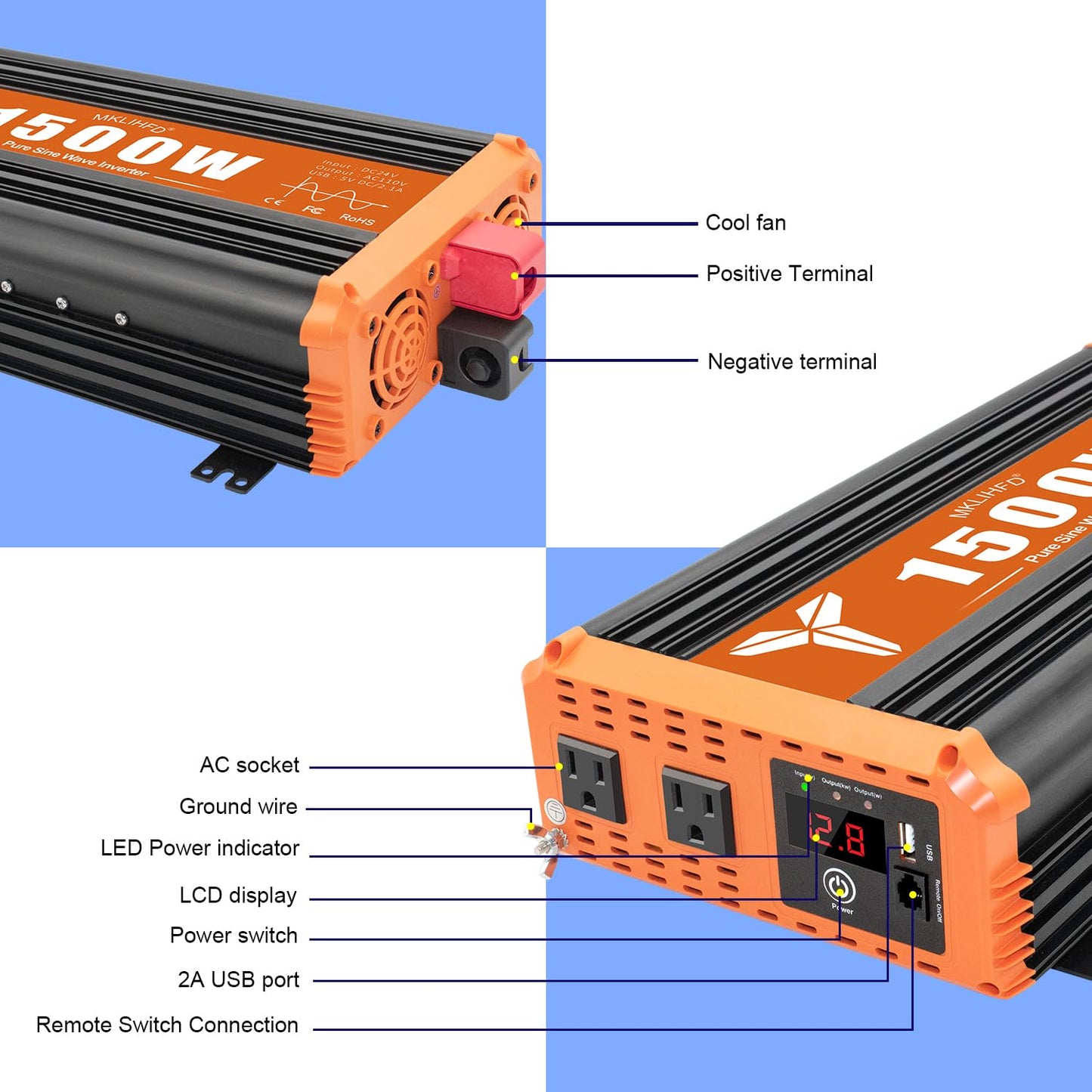 MKLIHFD 1500 Watt Pure Sine Wave Power Inverter 24V DC to 120V AC, 3000W Surge Peak Power, Inverter for RV, Truck, Solar, Campers with 2 AC Outlet, 5V 2.0A USB, Remote Control Compatible with Lithium