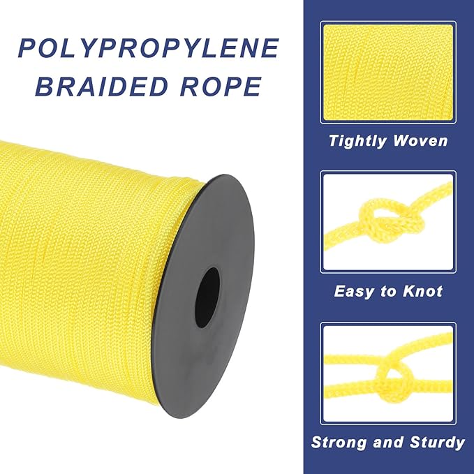 MECCANIXITY 1/8 Inch Polypropylene Rope Braided Ropes, 328ft Nylon Rope Hollow Utility Cord for Clothesline, Camping, Hiking, Outdoor, Yellow