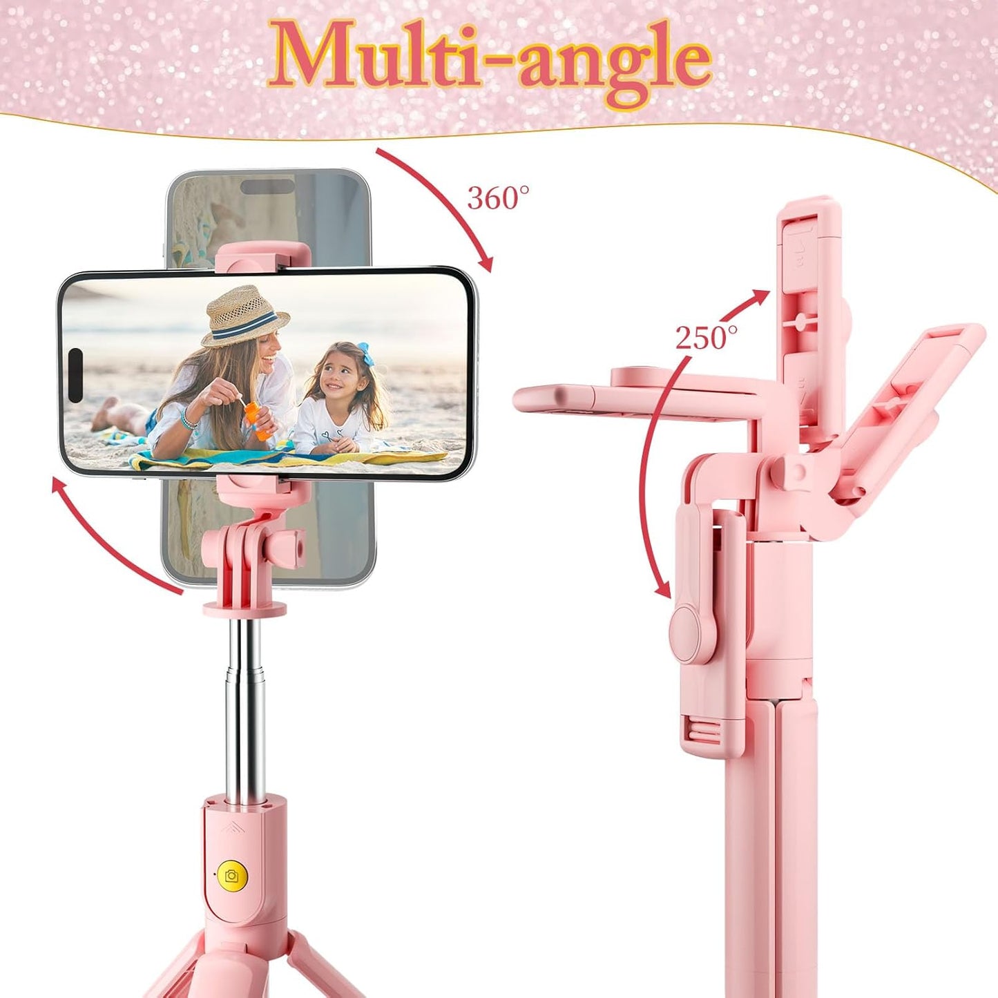 Aourxiv Pink Selfie Stick Tripod, with Wireless Remote Control, Live Streaming and Video Recording, Compatible