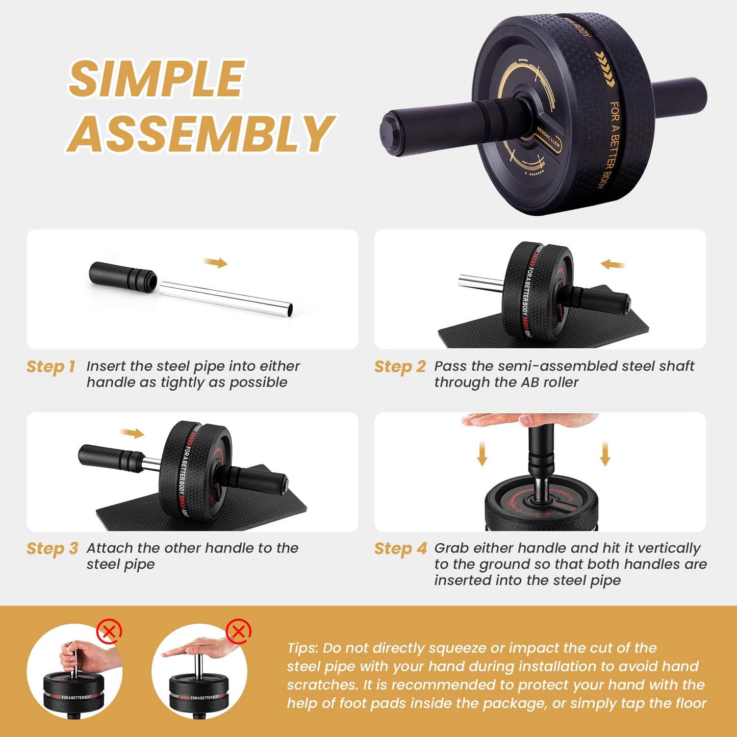 NESOHC-LLEW Upgraded Ab Roller Wheel. Abdominal Training Roller for Men/Women, Abdominal Wheels Widened to 3.4 ", Rubber Tread of The Abdominal Wheel Upgraded, Max Weight 490 lbs