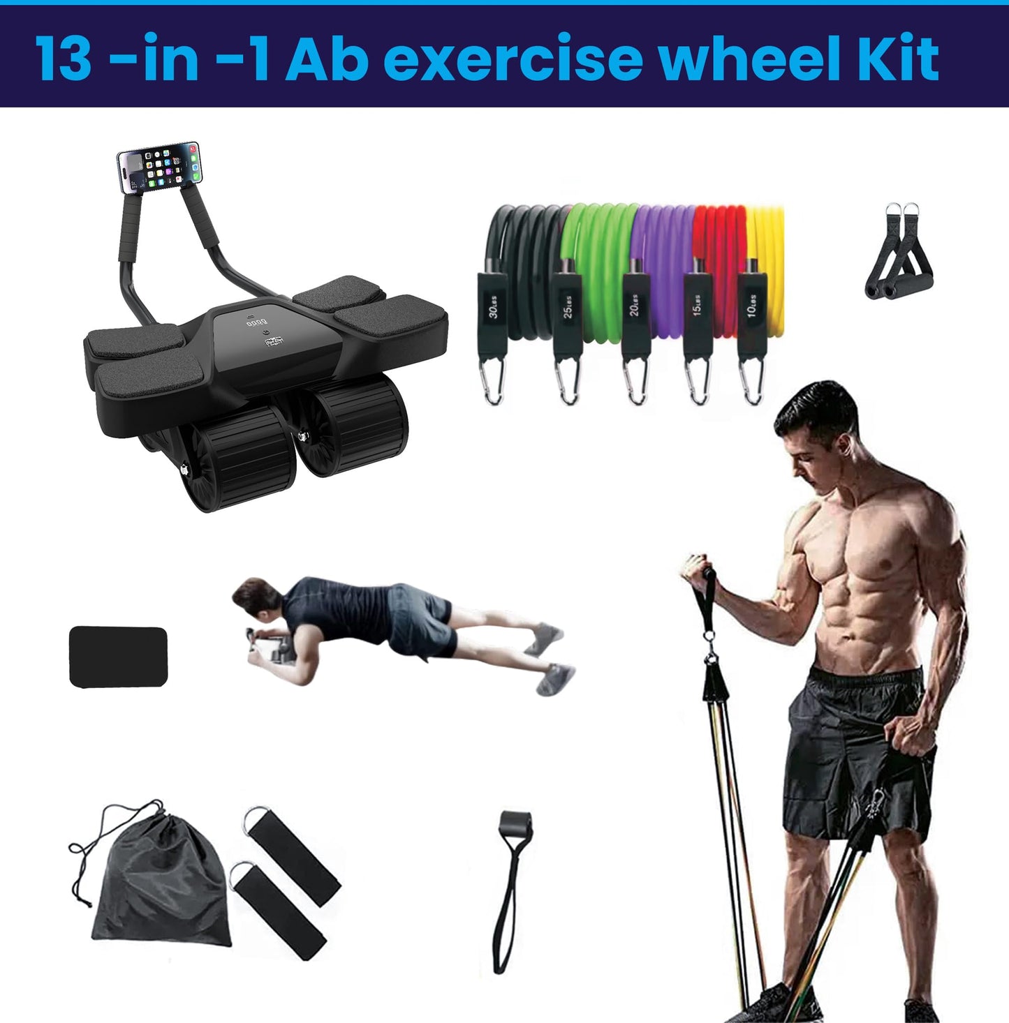 Ab Roller Home Gym Equipment – 4 Wheels Ab Wheel Muscle Roller, 5Pcs Resistance Bands, Ankle Straps, Door Anchor, Handles, Travel Bag– Comfortable Elbow Support with Non-Slip Handles