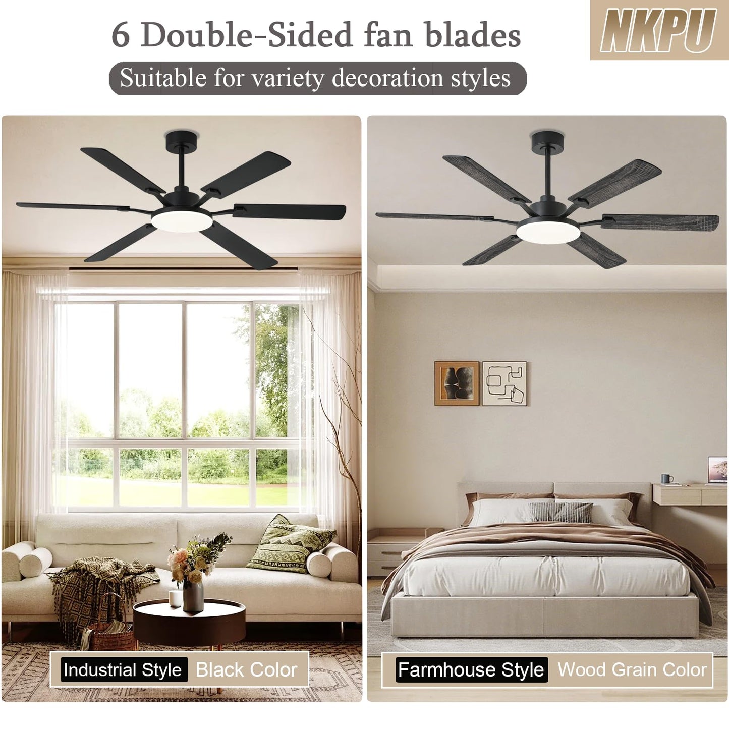 60 Inch Ceiling Fans with Lights, Large Modern Black Ceiling Fan with Light and Remote Control, 6 Double Sided Blades, 6 Speed Reversible Motor, Dimmable LED, Silent Timing, Indoor Outdoor Patio Use