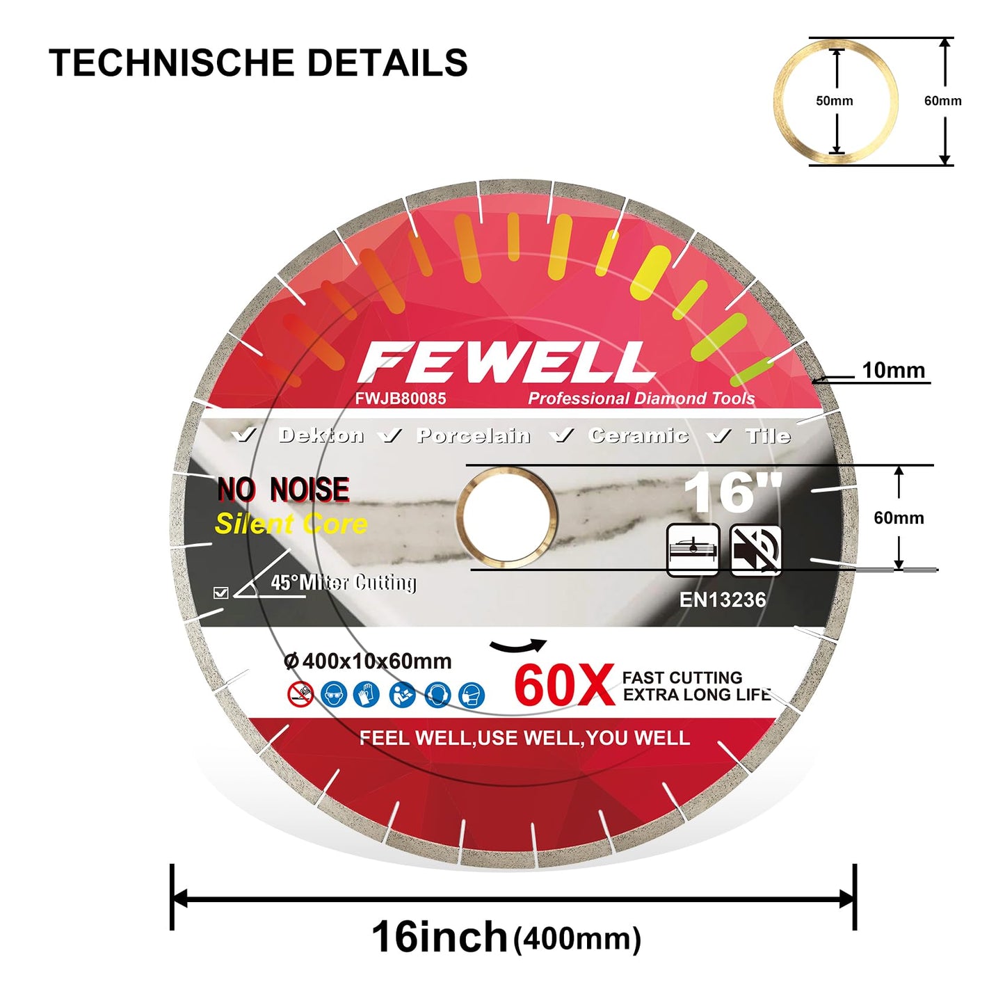 FEWELL 16inch Porcelain Bridge Saw Blade 45° Miter Cutting Double Step Silent Dekton Diamond Saw Blade 10mm Segment Wet Cutting Dekton Tile Porcelain Ceramic 400x10x60/50mm