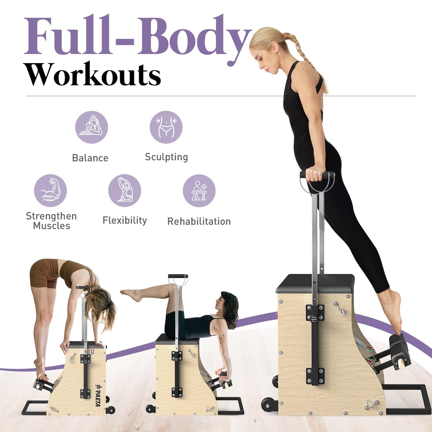 PAETA Pilates Chair,Pilates Combo Chair,Wunda Chair with Resistance Bands, Handles, and Split Pedals, Professional Yoga Chair Pilates Machine for Home and Studio Use, Extra Large