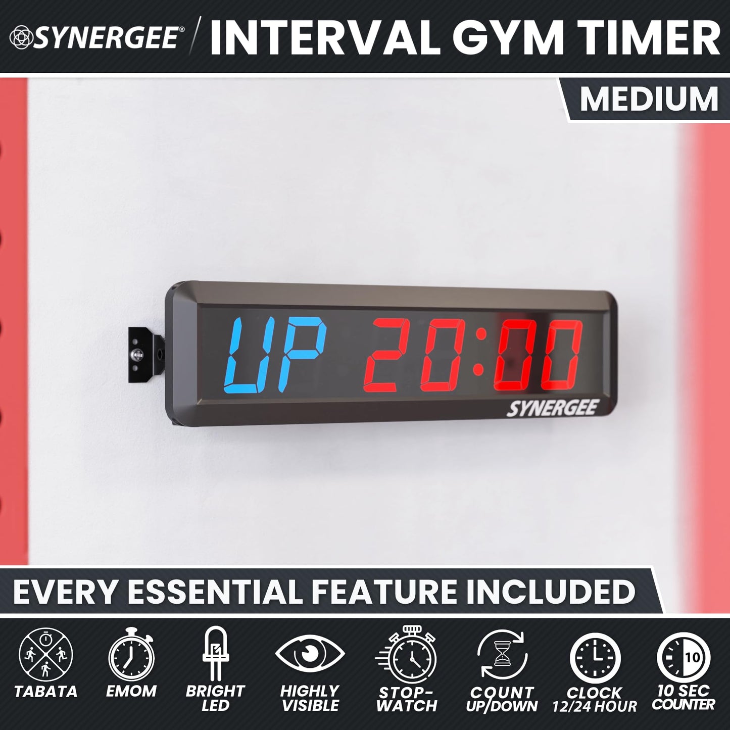 Synergee 16.5' Workout Interval Timer. Programmable Wall Mounted Gym Timer with Wireless Remote. Tabata EMOTM Stopwatch Count Up/Down MMA Clock