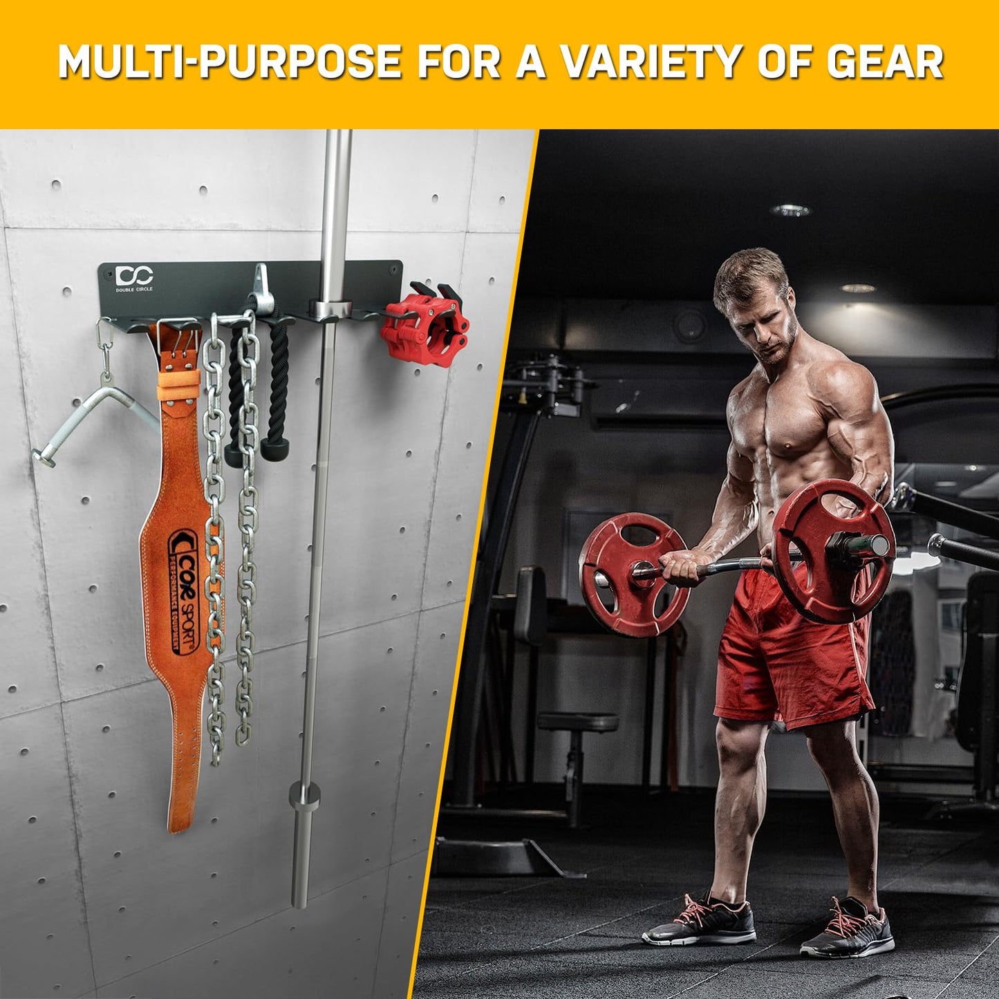 Double Circle Gym Equipment Storage Rack - Multi Purpose Gym Equipment Wall Rack Hanger for Pro Home Gym Storage for Exercise Bands, Barbell Bar, Jump Ropes, Chains, Lifting Belts