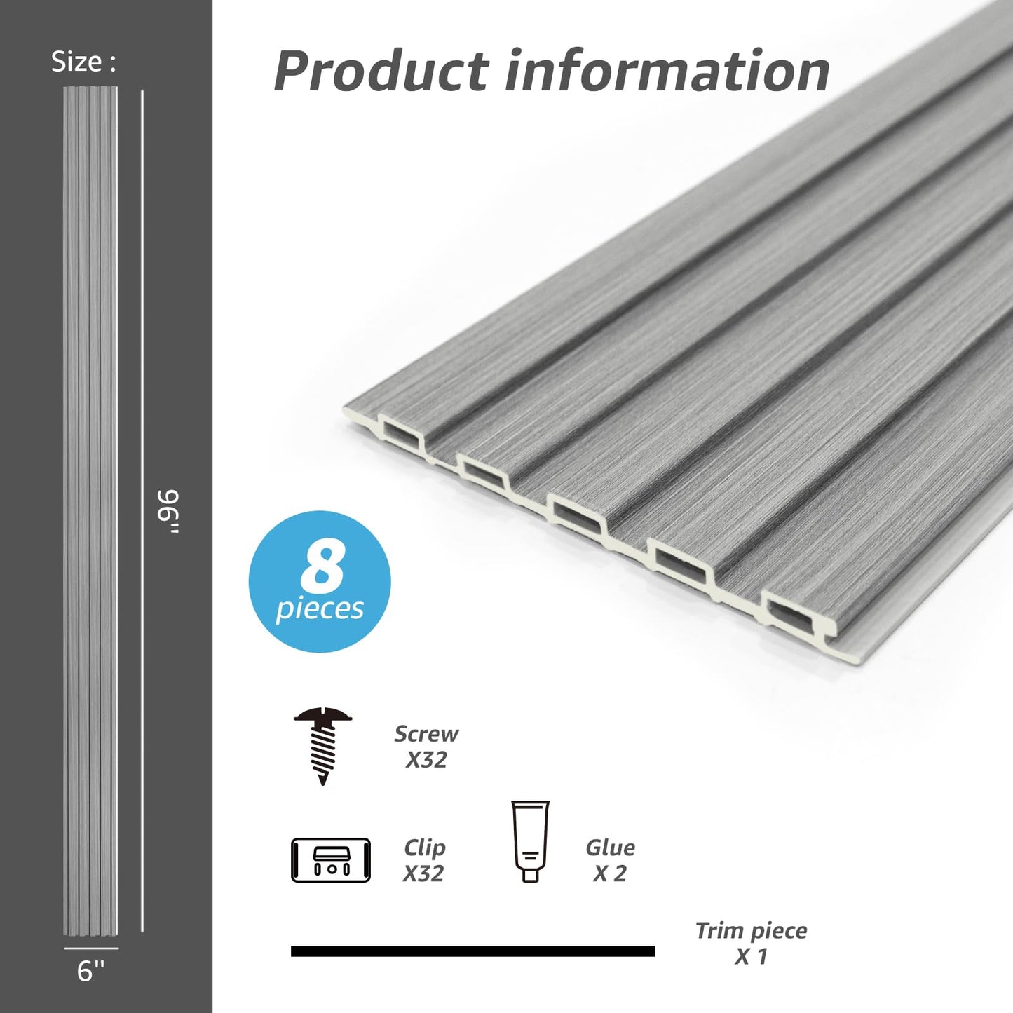 Art3d Slat Wall Panels, WPC Soundproof 3D Wall Paneling for Interior Wall Decor, TV Background, 8-Pack 96 x 6 in. Gray Oak