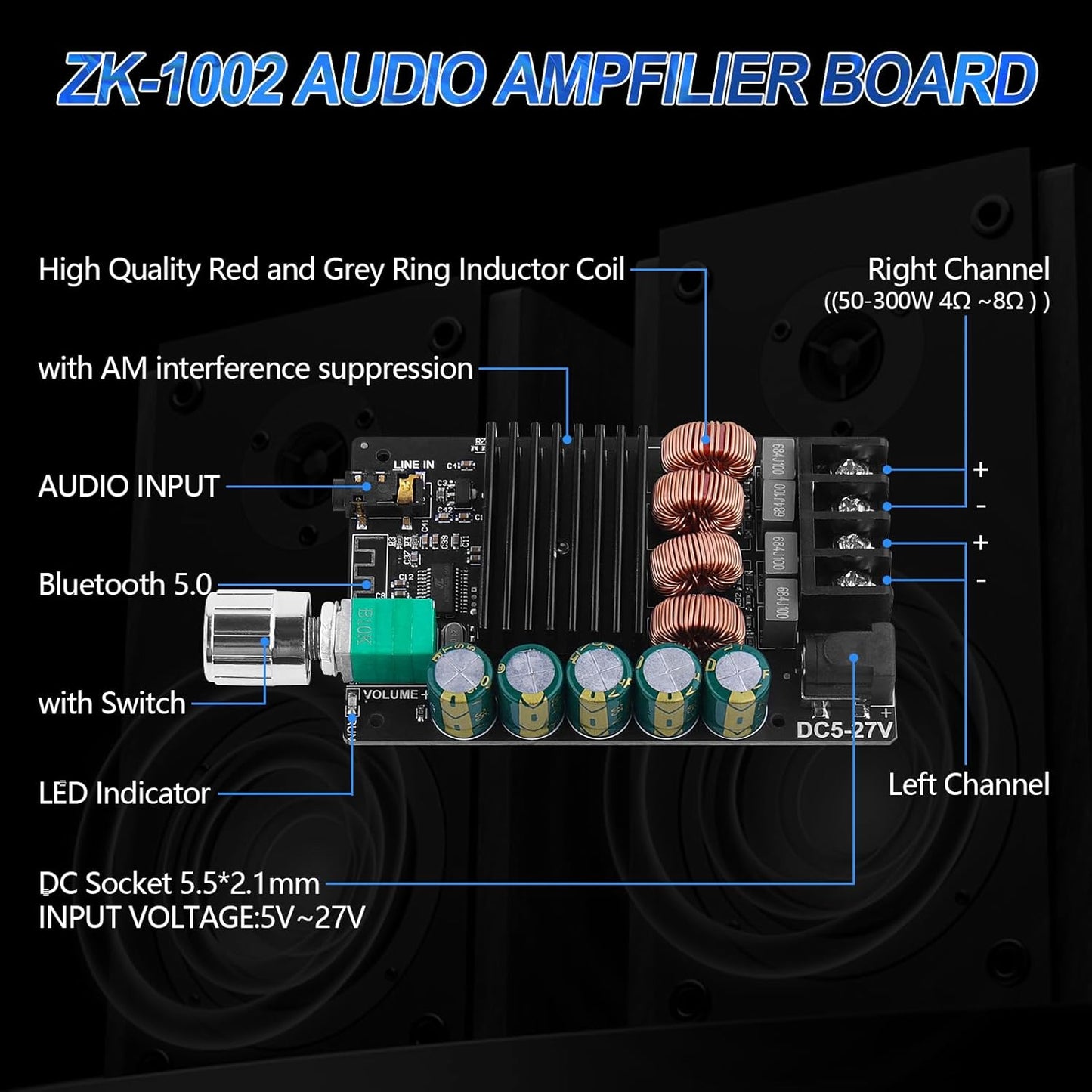 ZK-1002 5.0 100W 2 2.0 5-27V Bluetooth Audio Amplifier Board, x Channel Mini HiFi Power Amplifier Receiver with Volume