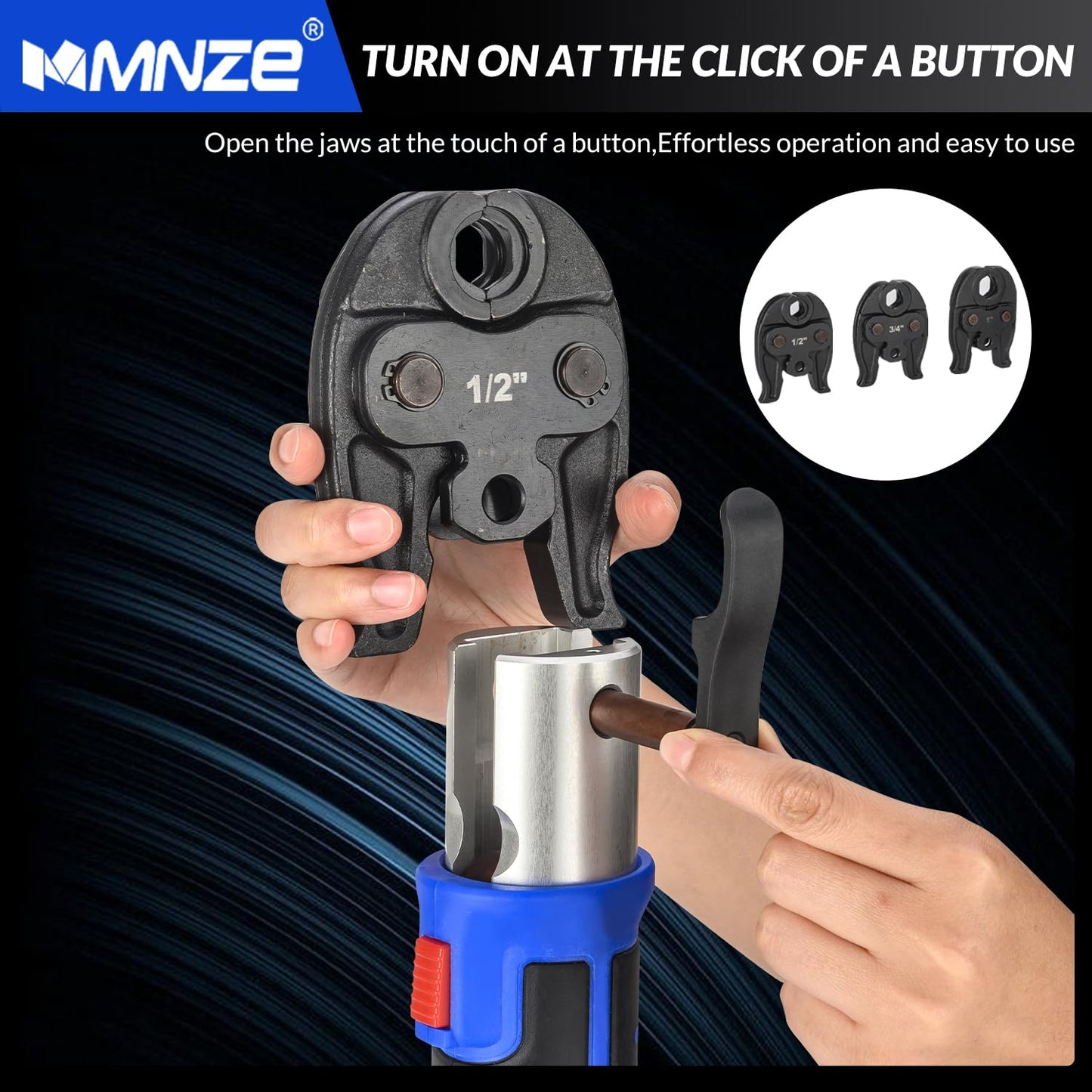 MMNZE Pro Press Tool Kit, Electric Rechargeable Copper Stainless Steel Tube Pipe Fitting Crimping Tool with 1/2" 3/4" 1" Pro Press Jaws and 2 Batteries, 3T 1" Stroke, LS-1525