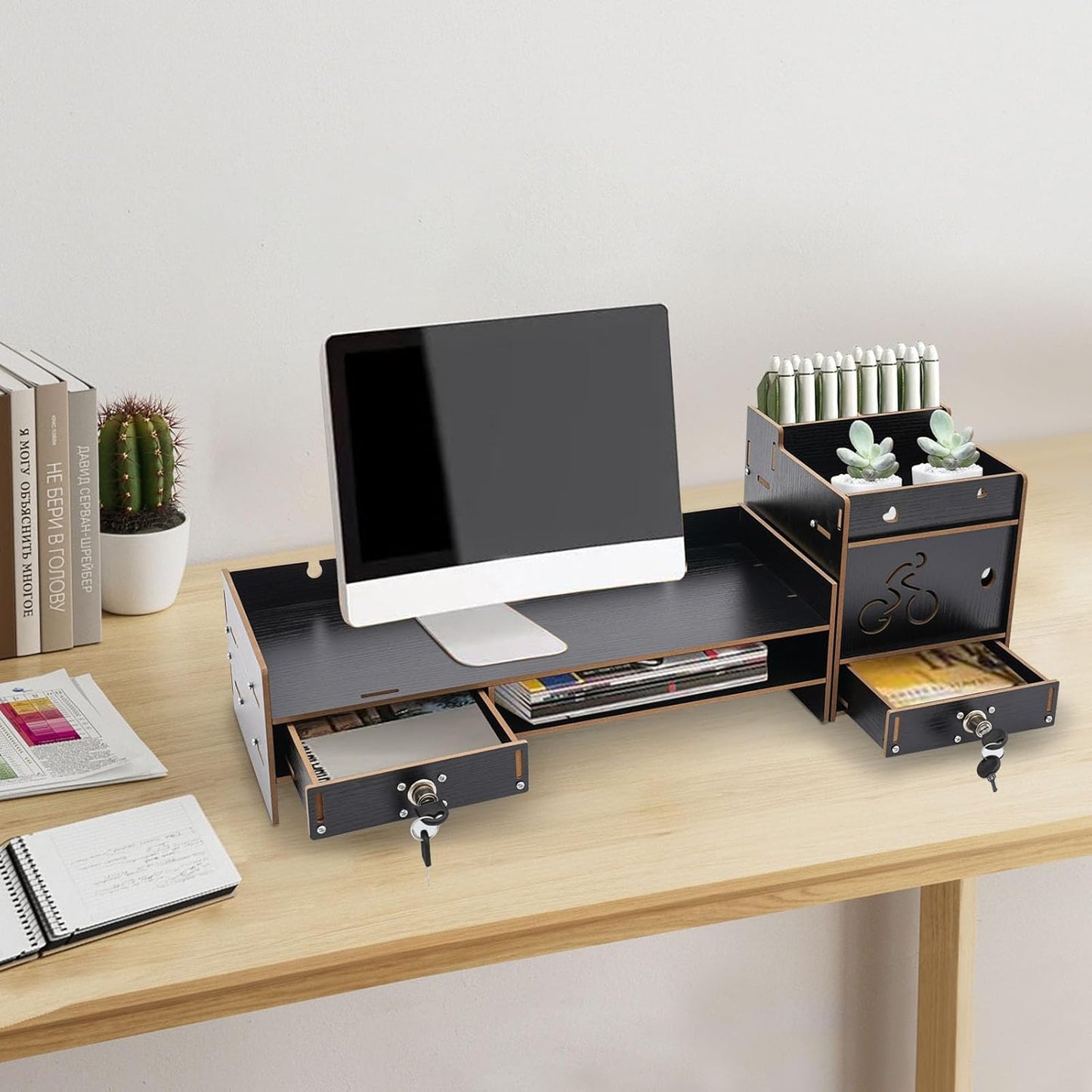 QUSKLISU (05) Computer Monitor Stand, Computer Rack with Drawers, Two top Platforms Desk Organizer Monitor Stand