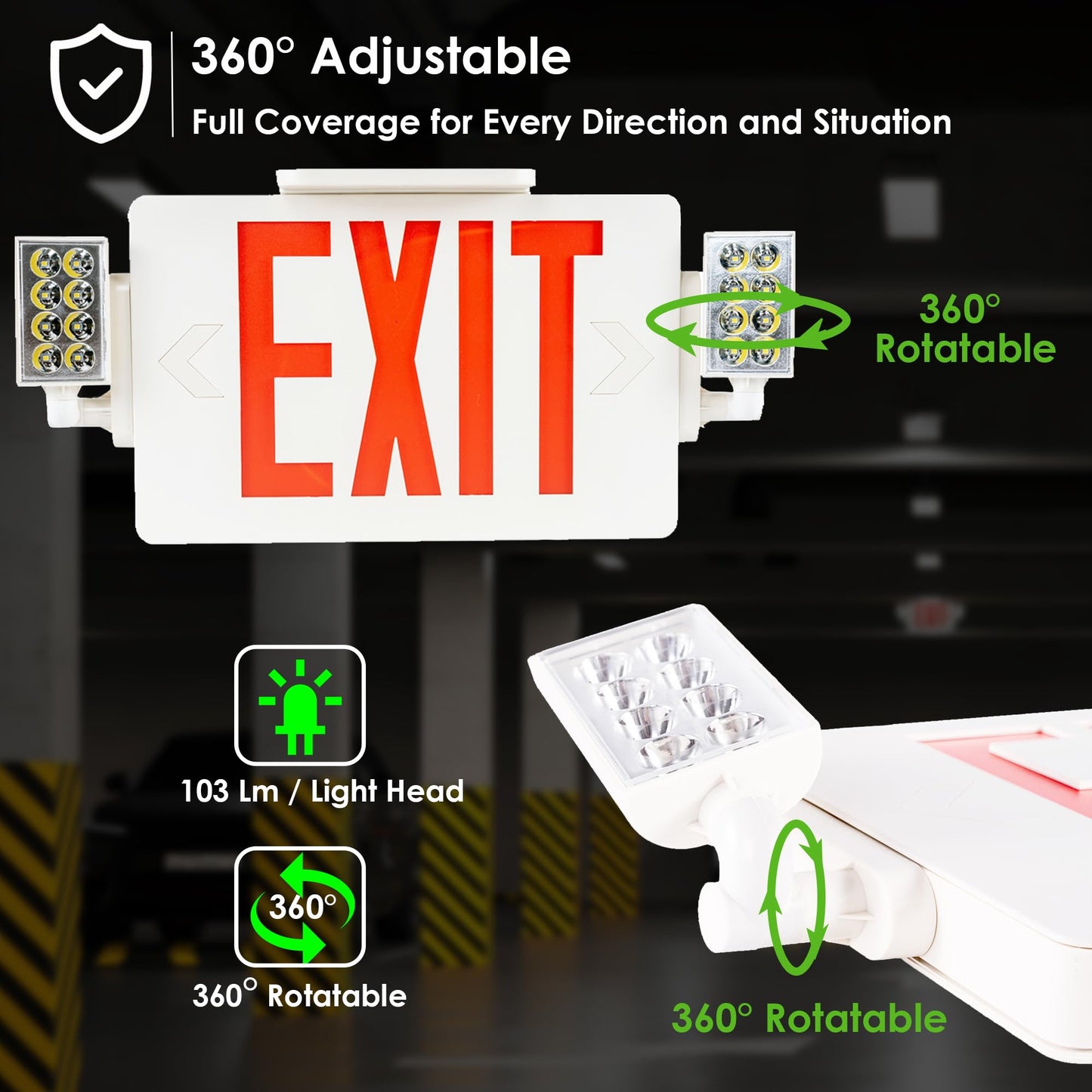 Gruenlich LED Combo Exit Sign, Emergency Light with 2 Adjustable Heads and Double Face, Back Up Batteries- US Standard Red Letter EXIT, UL 924 Qualified, 120-277 Voltage, 4-Pack