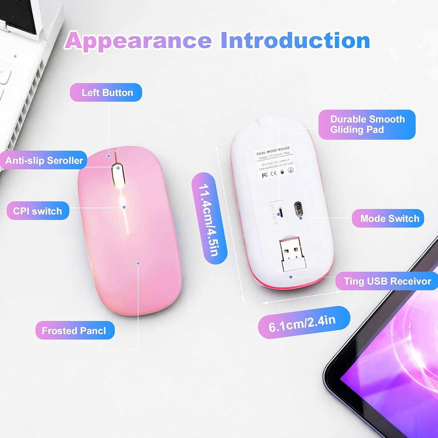 AZTZATZ 5.2 2.4G Wireless Bluetooth Mouse Rechargeable Long Lasting Dual Mode - BT & Silent RGB LED Mice, Slim Portable