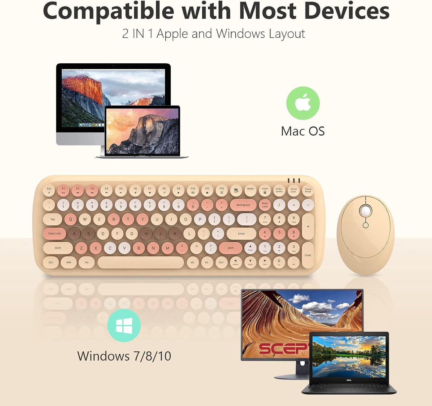 MOFII 7 8 10 Wireless Keyboard and Mouse Combo, Retro Typewriter Keyboard with Multi-Media Function Keys and Number Pad
