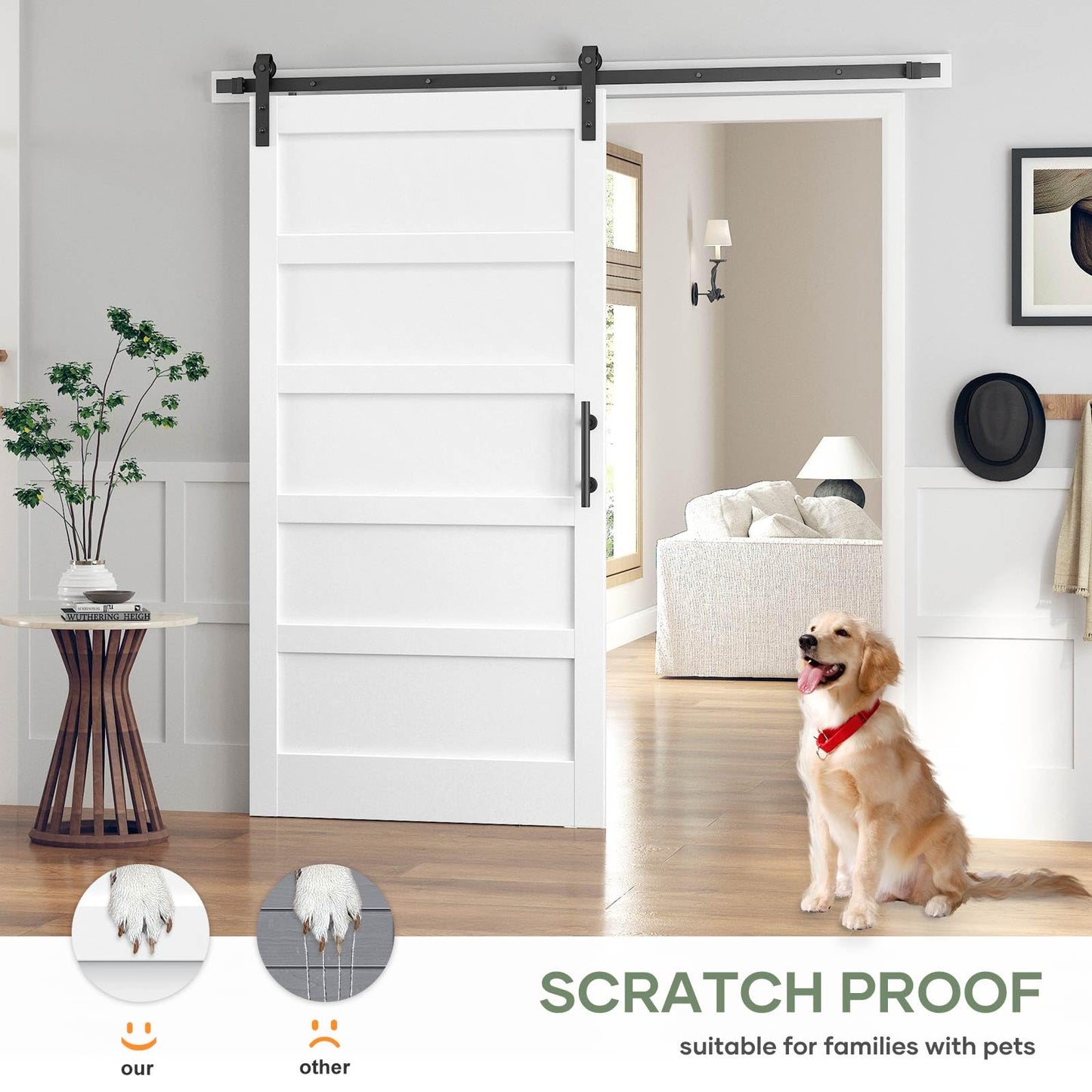 ROYMELO 42x80 Inch White Sliding Barn Door Slab with 7ft Hardware Kit Included, 5-Panel, MDF Wood Panel Covered with Water-Proof Scratch-Proof PVC Surface, Simple DIY Assembly