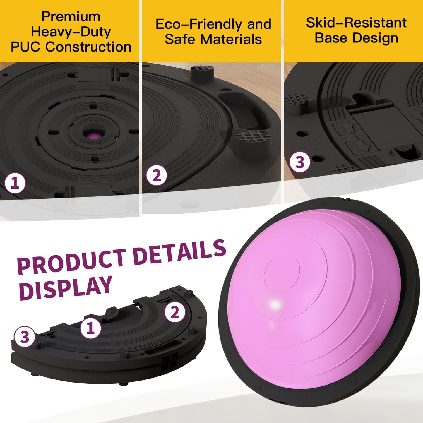 VTORY Foldable Balance Ball, Upgrate Half Ball Balance Trainer for Workout, 1300 lbs Capacity Stability Ball, 23.5 Inch Yoga Half Ball, with Resistant Band & Foot Pump, Full Body Workout, No-Slip Pink