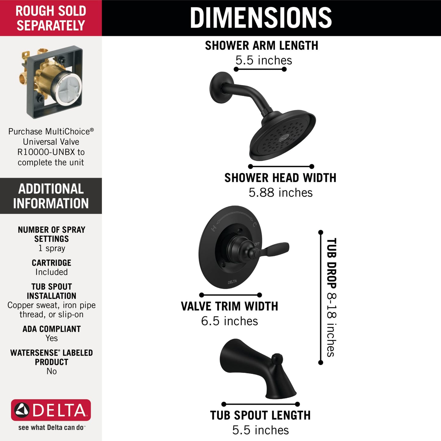 Delta Faucet Woodhurst 14 Series Single-Handle Matte Black Tub and Shower Faucet, Shower Trim Kit with Single-Spray Matte Black Shower Head, Matte Black T14432-BL (Valve Not Included)