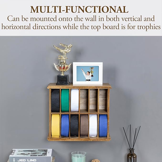 MyGift 12 Compartment Rustic Burnt Solid Wood Wall Mounted Dual Display Martial Arts Belt Holder with Top Trophy Storage Shelf in Horizontal or Vertical Mount