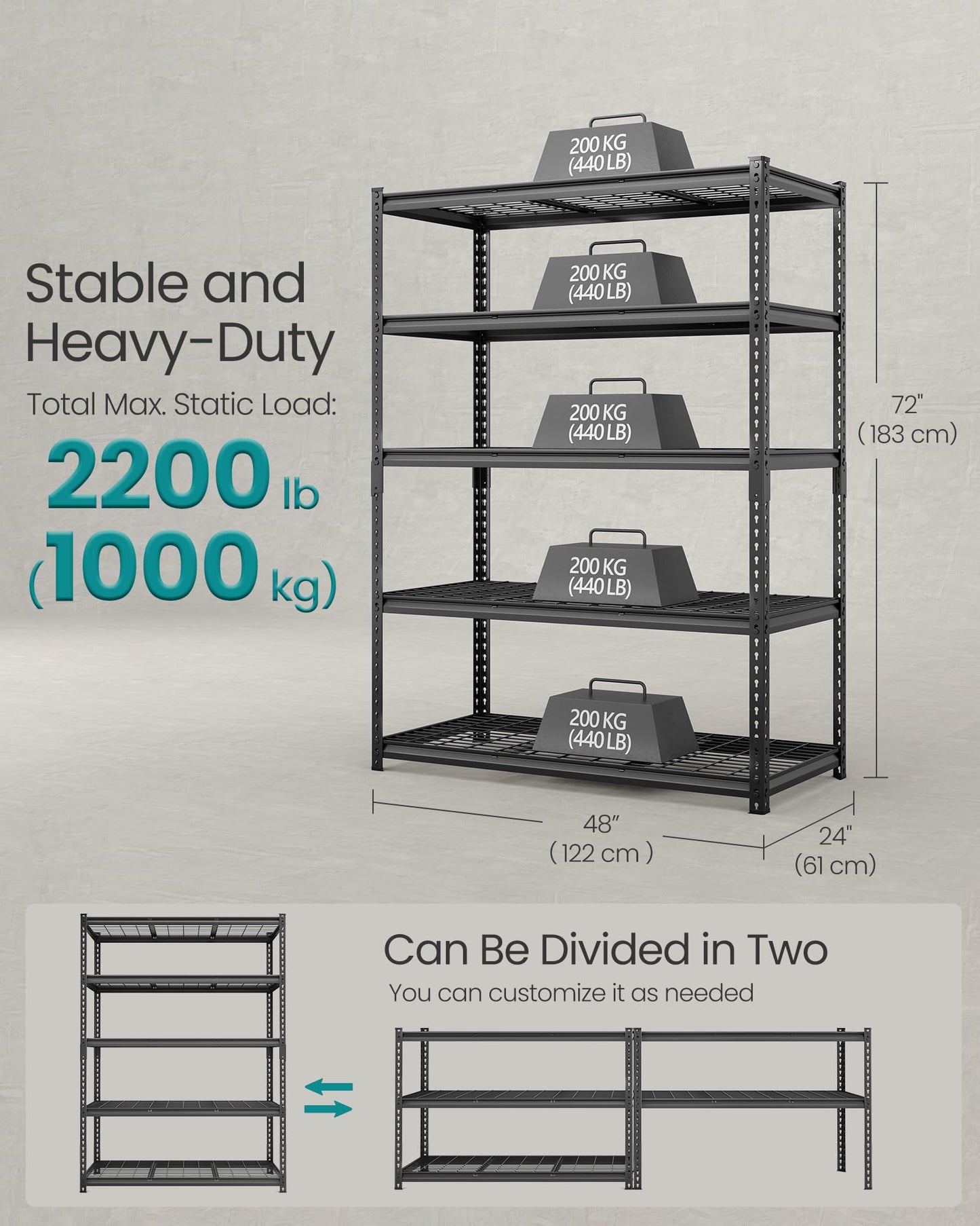 SONGMICS 5-Tier Storage Shelves, Heavy-Duty Garage Shelving, Adjustable Shelving Unit, Steel Shelf, Boltless Assembly, for Garage, 2,200 lb Load, 24 x 48 x 72 Inches, Ink Black UGLR454B01