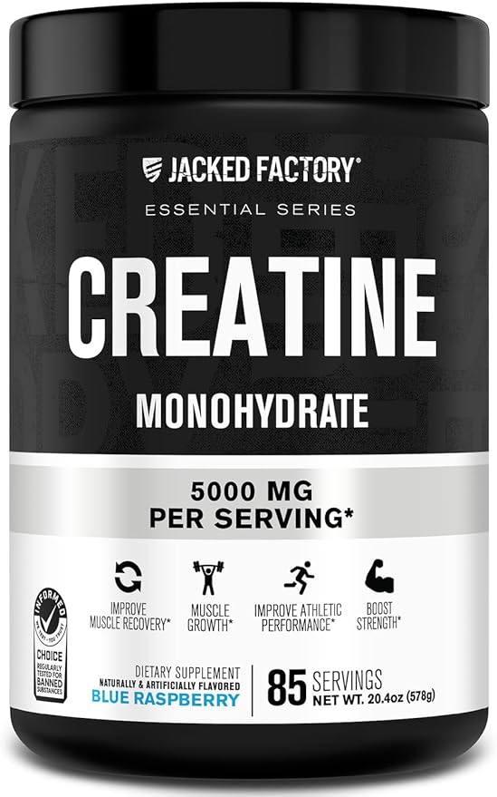 Jacked Factory Creatine Monohydrate Powder 425g - 5g Daily Creatine Supplement for Men and Women, Vegan-Friendly, Third-Party Tested - 85 Servings, Blue Raspberry