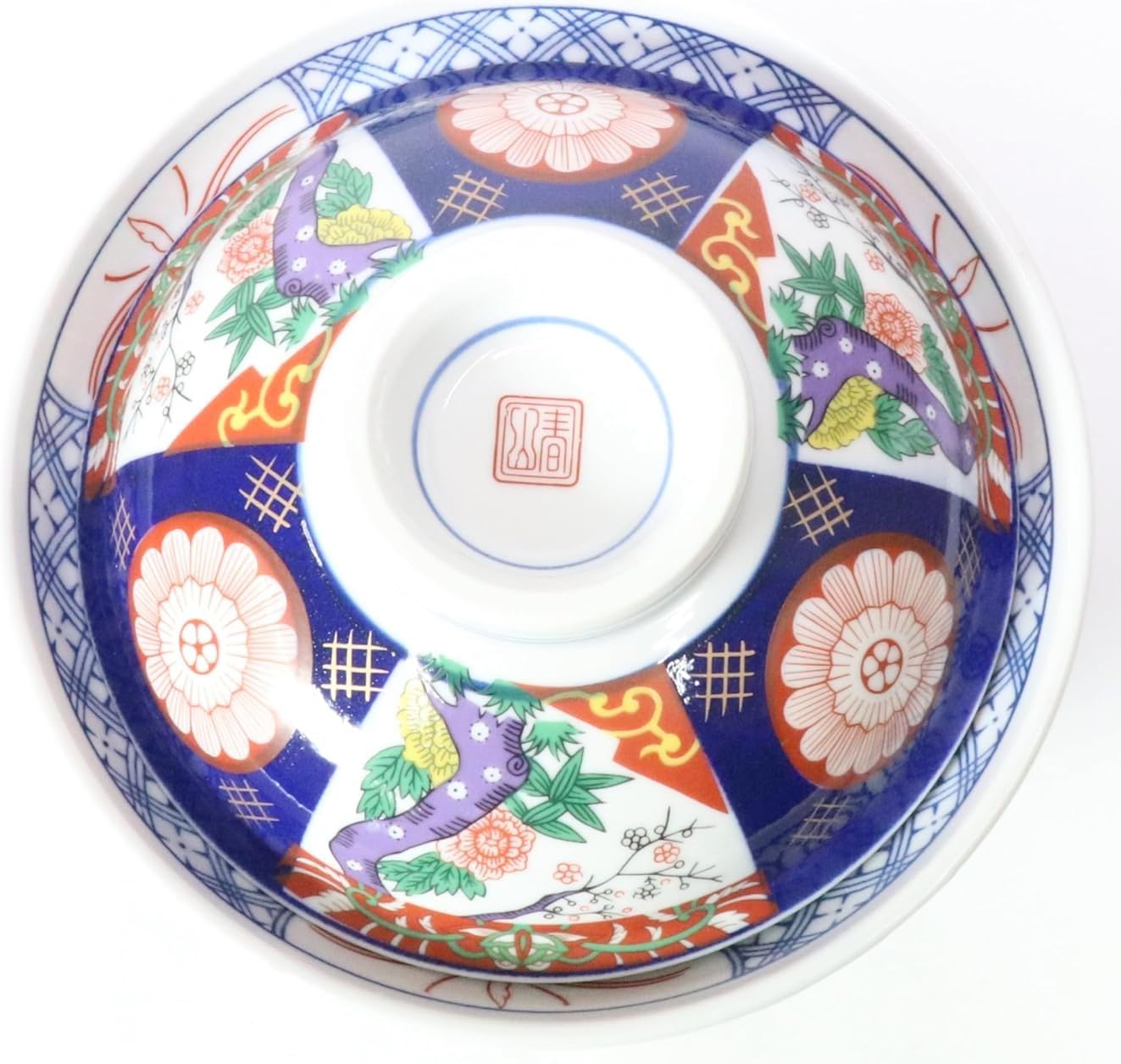 セトモノホンポ(Setomonohonpo) Japanese 6.2 Inches Diameter Porcelain Nishiki Botan Donburi Ramen Noodle Soup Rice Bowl with Lid