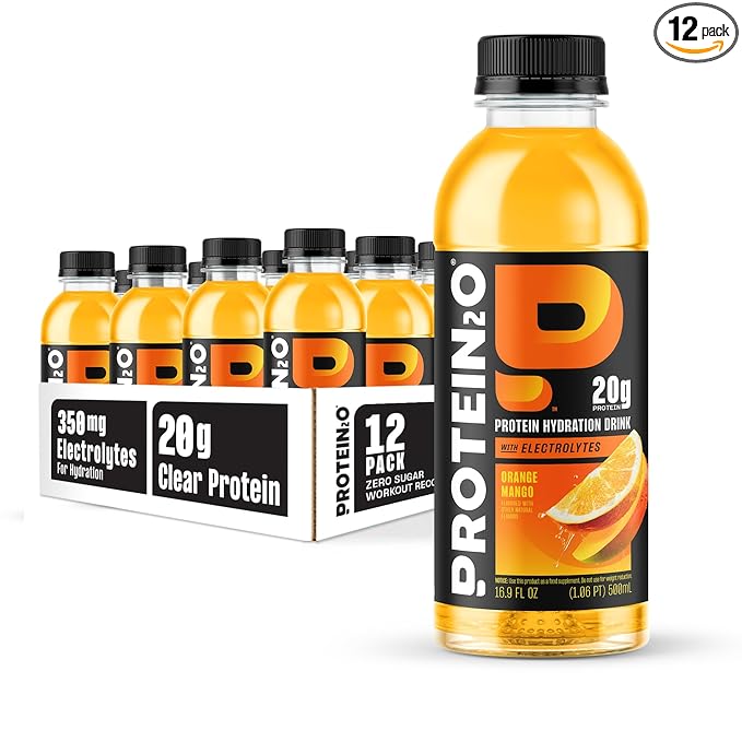 Protein2o Hydration Drink - 2-in-1 Liquid Clear Whey Protein Isolate and Electrolyte Drink - 20g Protein, Vitamins B5, B6 - Post-Workout Recovery - 16.9 Fl Oz - 12 Count Orange Mango