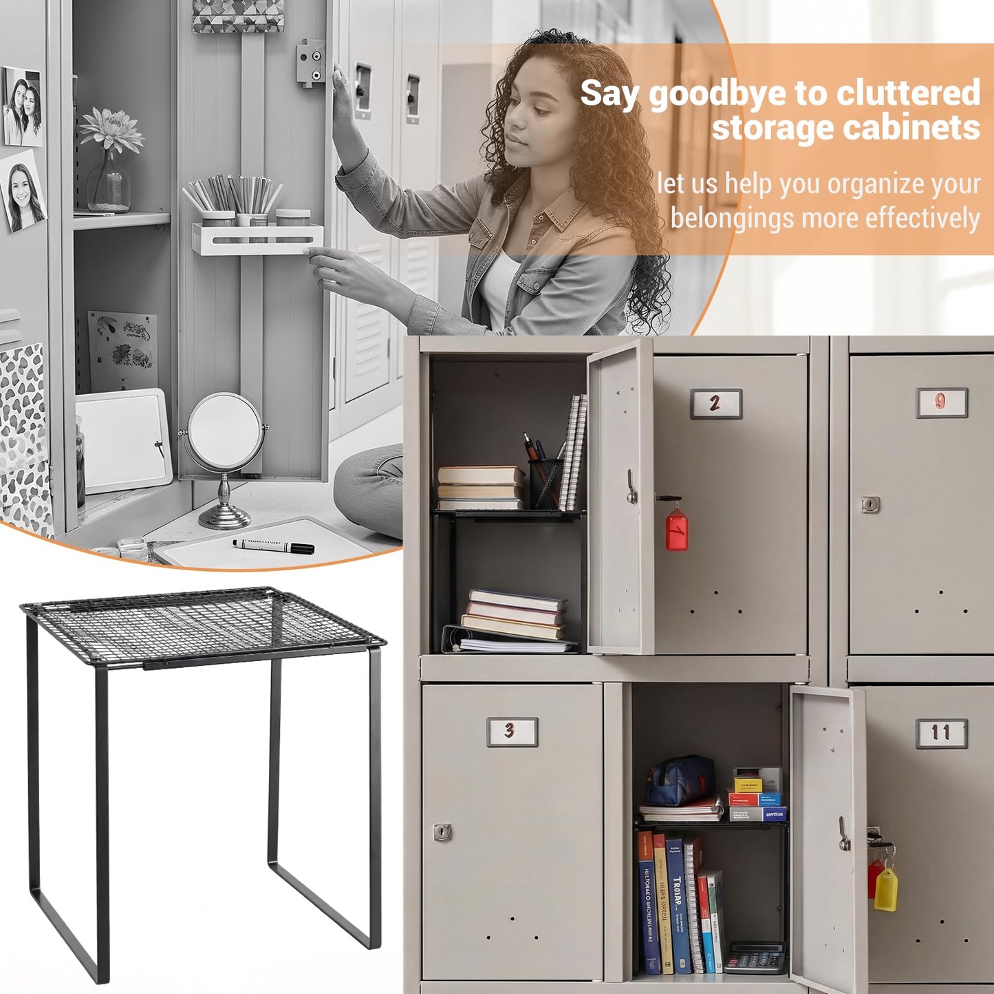 Colarr Metal Locker Organizer Shelf Adjustable to 10.6-15 Inches in Length for School Classroom Office Gym Lockers Home Storage(Black)
