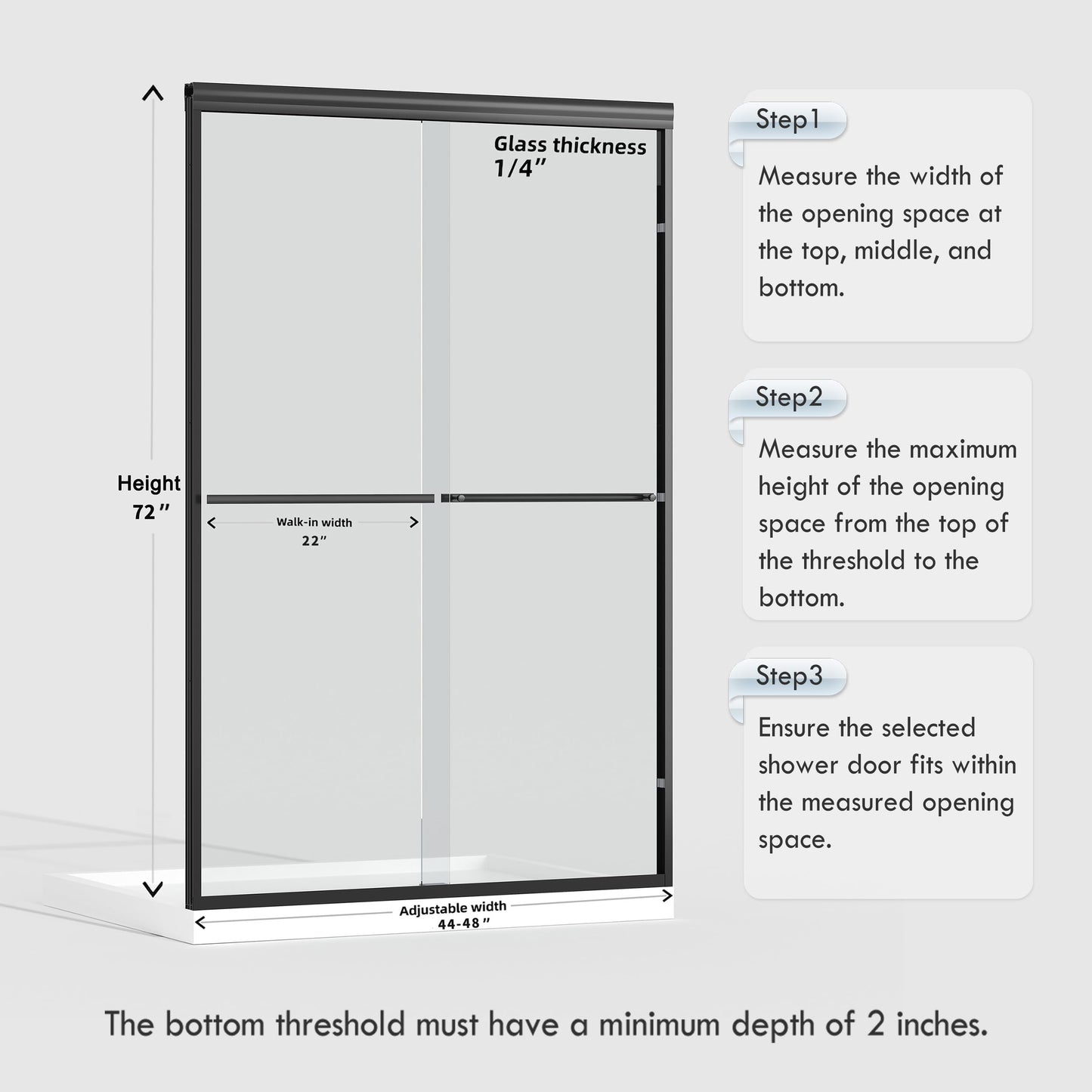 ENSO SENKA 44-48" W x 72" H Semi-Frameless Bypass Sliding Shower Door, Easy-to-Clean Treated Clear Tempered Glass, Matte Black