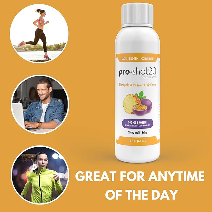 Pro-Shot20 Protein Shot Pineapple & Passion Fruit Flavor, 60 mL, 12-Pack- 20g Whey Protein & Hydrolyzed Collagen Drink- Low Calorie, Low Carb, Gluten Free, No Aspartame, Ready to Drink