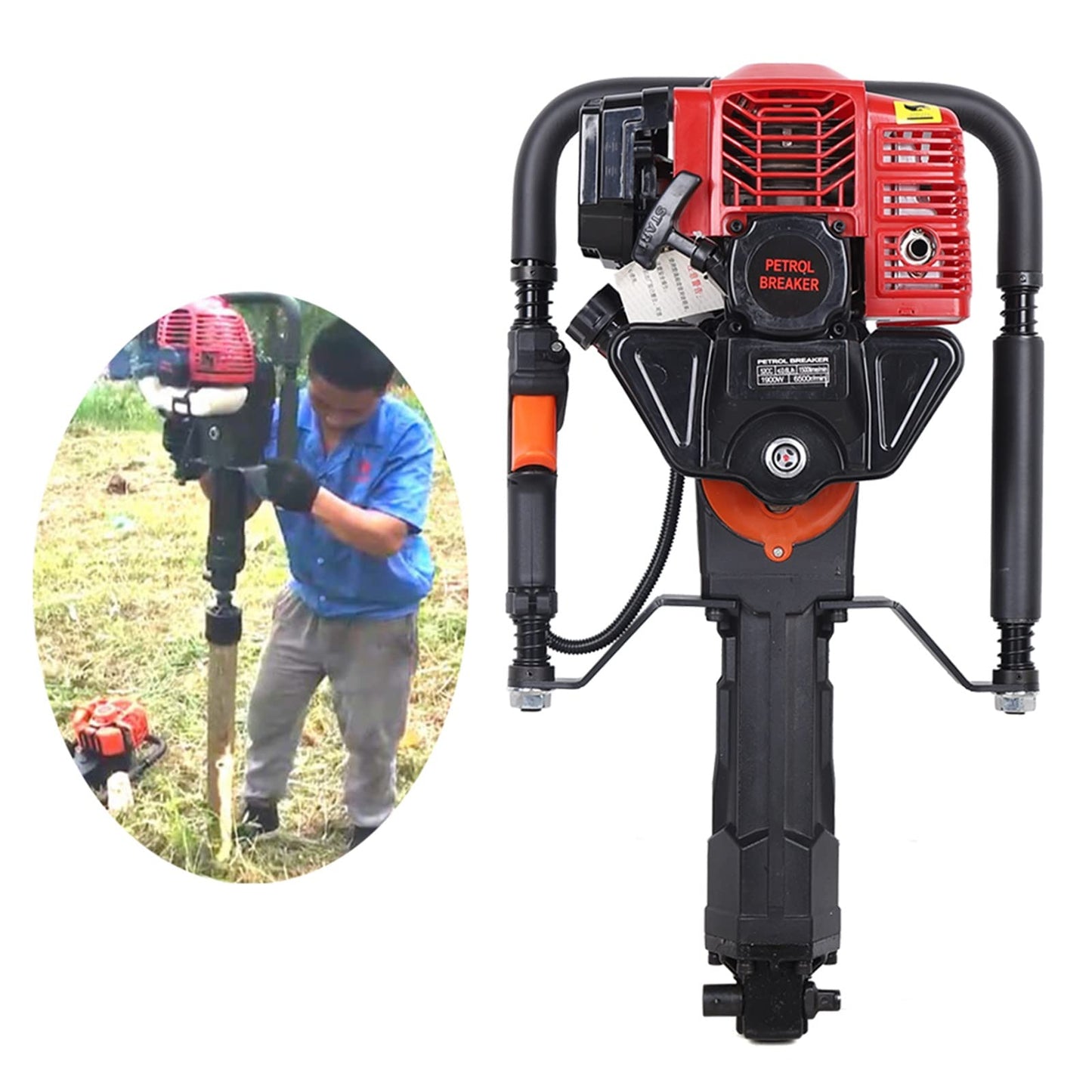awolsrgiop Gas Powered T-Post Driver, 52cc 2-stroke Gasoline Engine Pile Driver Cylinder Portable Gas Powered Farm Fence Post Pounder Pile Driver Engine for Piling, Stone Breaking, Trenching, Ramming