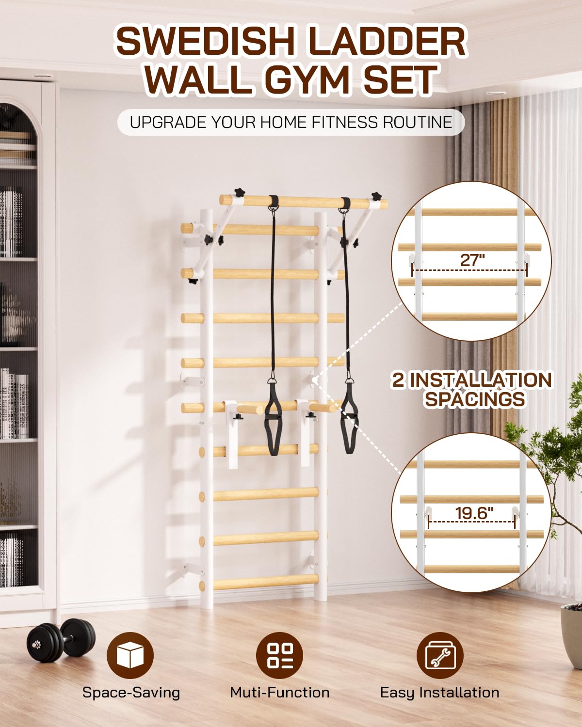 Cofiyard Swedish Ladder Wall Gym, Wooden Wall-Mounted Stall Bars with Pull-up Bar & Exercise Straps & Dip Bars, Stretching Ladder Full Body Home Gym Adults New, White