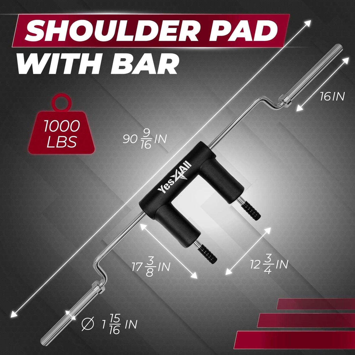 Yes4All Anti-Slip Squat Bar Attachment 1000LB, Squat Olympic Bar & Bar Pad with Comfortable Neck and Shoulder Pads, Extra Handle for Free Weights Strength Training, and Body Building, Alloy Steel