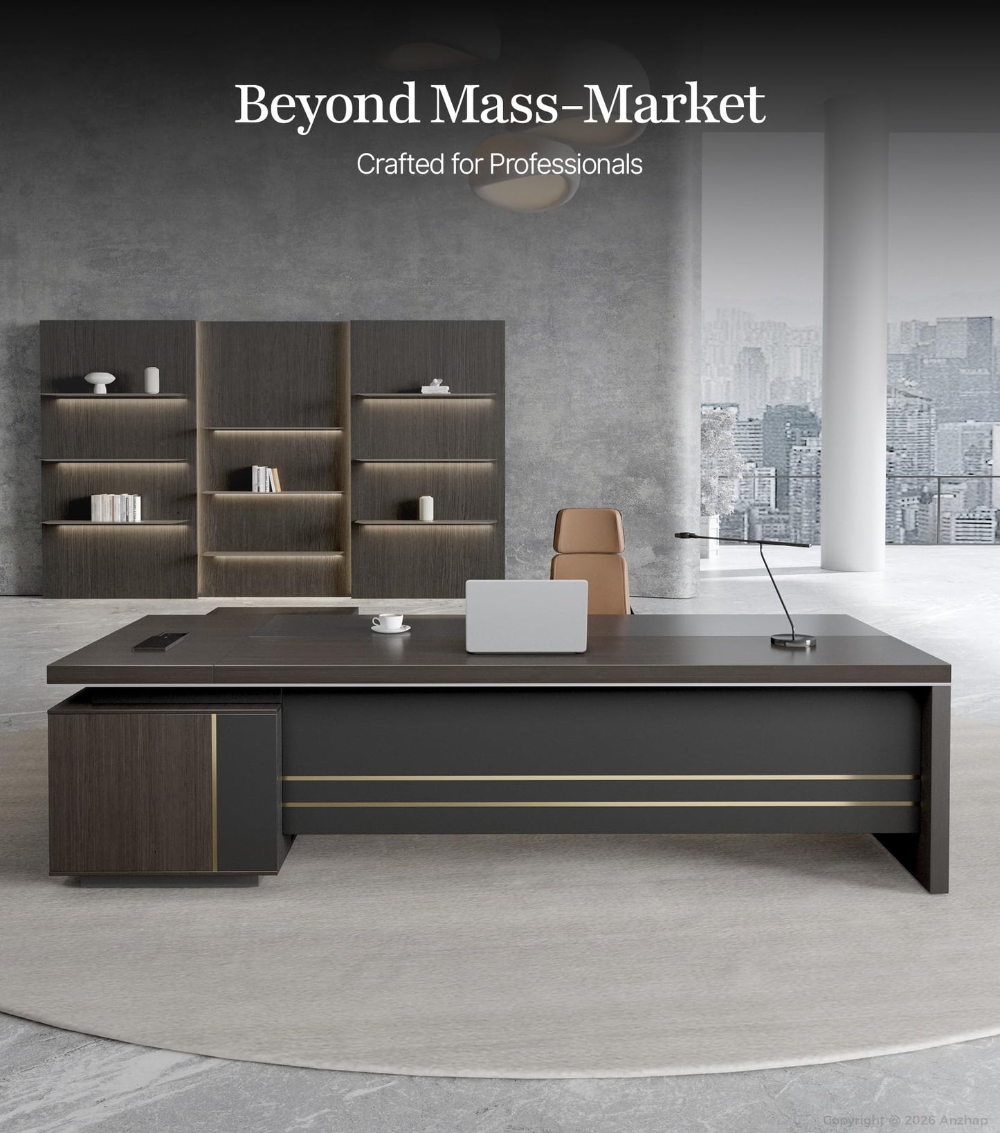 87" Reversible L-Shaped Executive Desk with Drawers, Modern Large Office Desk with Open Shelves, Ventilated CPU Compartment, Built-in Outlet & USB Ports – Home Office Desk (87"L x 69"W x 30"H)