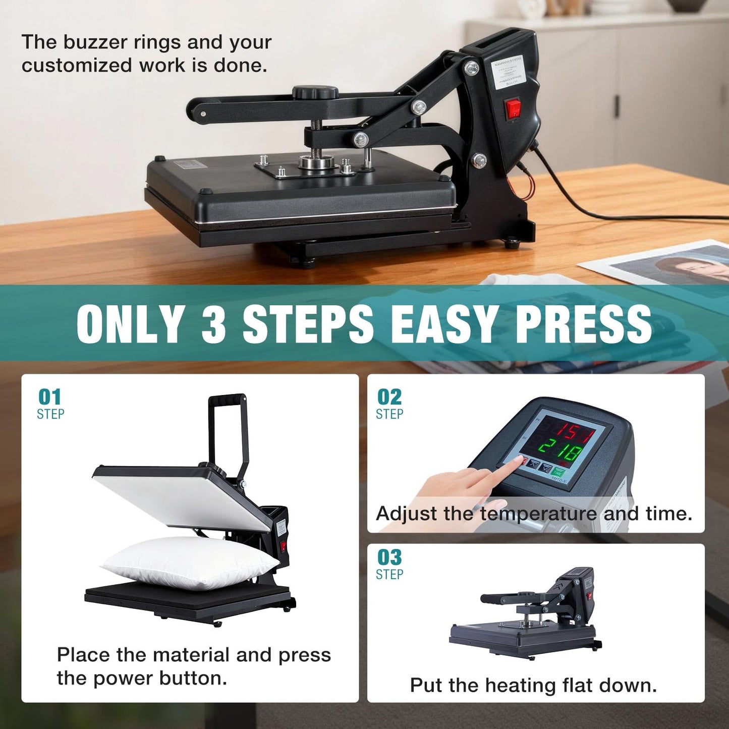OLIXIS LW Heat Press, 15x15 Heat Press Machine for T Shirts with LCD Display & Memory Mode, 1200W Heat Transfer Machine for Bags, Pillows, Aprons