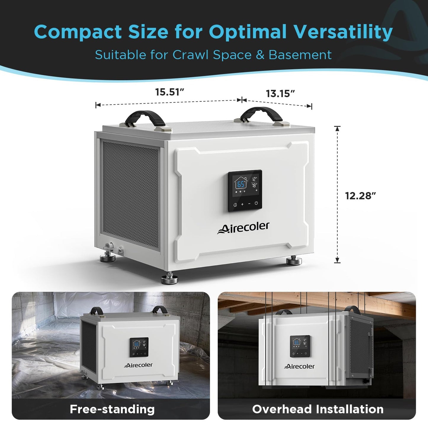 Airecoler 70 Pints Energy Star Commercial Dehumidifier with Drain Hose, Compact Crawl Space Dehumidifiers for Basement and Home, Built-in Remote Control, Auto Defrost | Airecoler Stellar S10