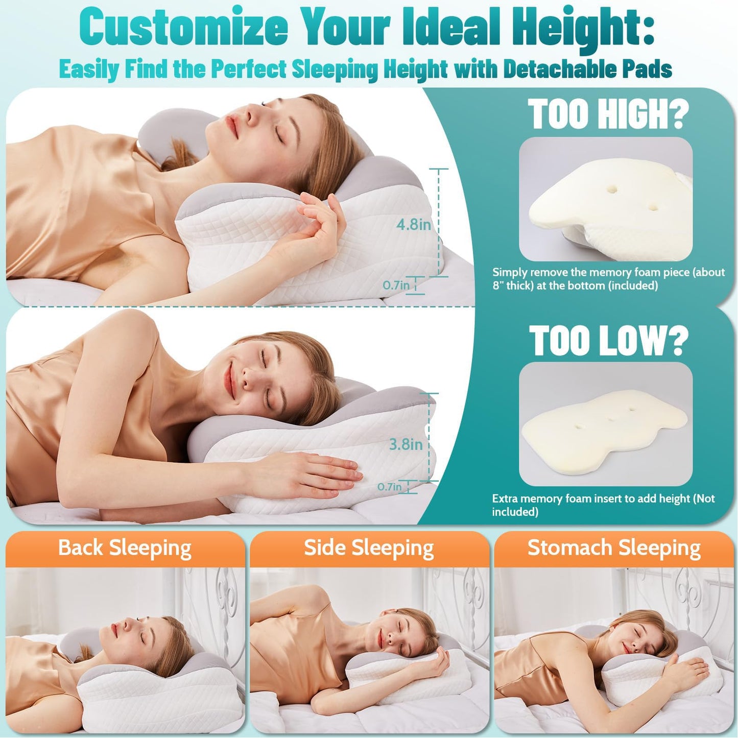 Neck Pillow for Sleeping, Cervical Neck Support Pillow for Neck and Shoulder Pain Relief, Memory Foam Side Sleeper Pillows for Adults, Ergonomic Contour Neck Pillow for Side Back Stomach Sleeper