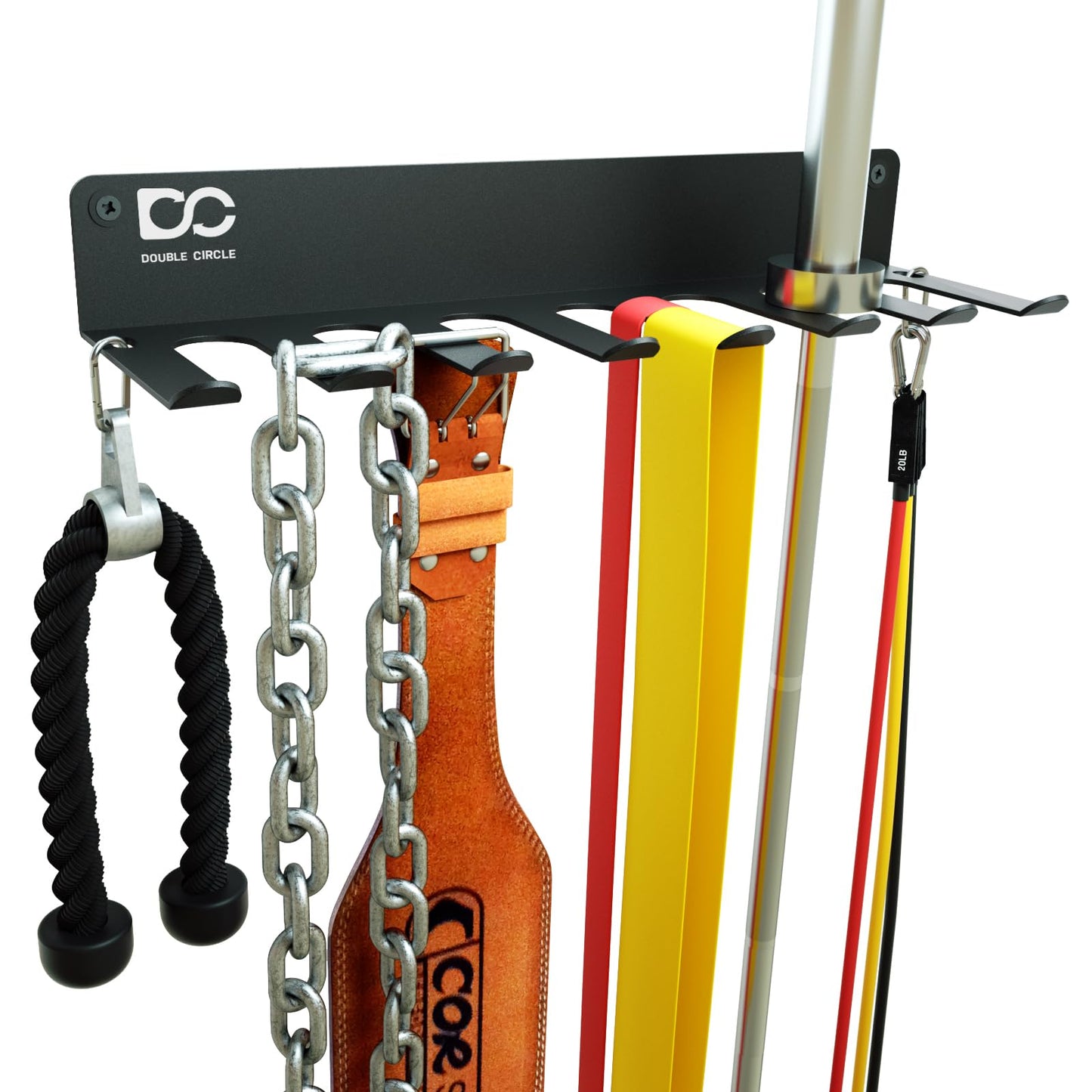 Double Circle Gym Equipment Storage Rack - Multi Purpose Gym Equipment Wall Rack Hanger for Pro Home Gym Storage for Exercise Bands, Barbell Bar, Jump Ropes, Chains, Lifting Belts