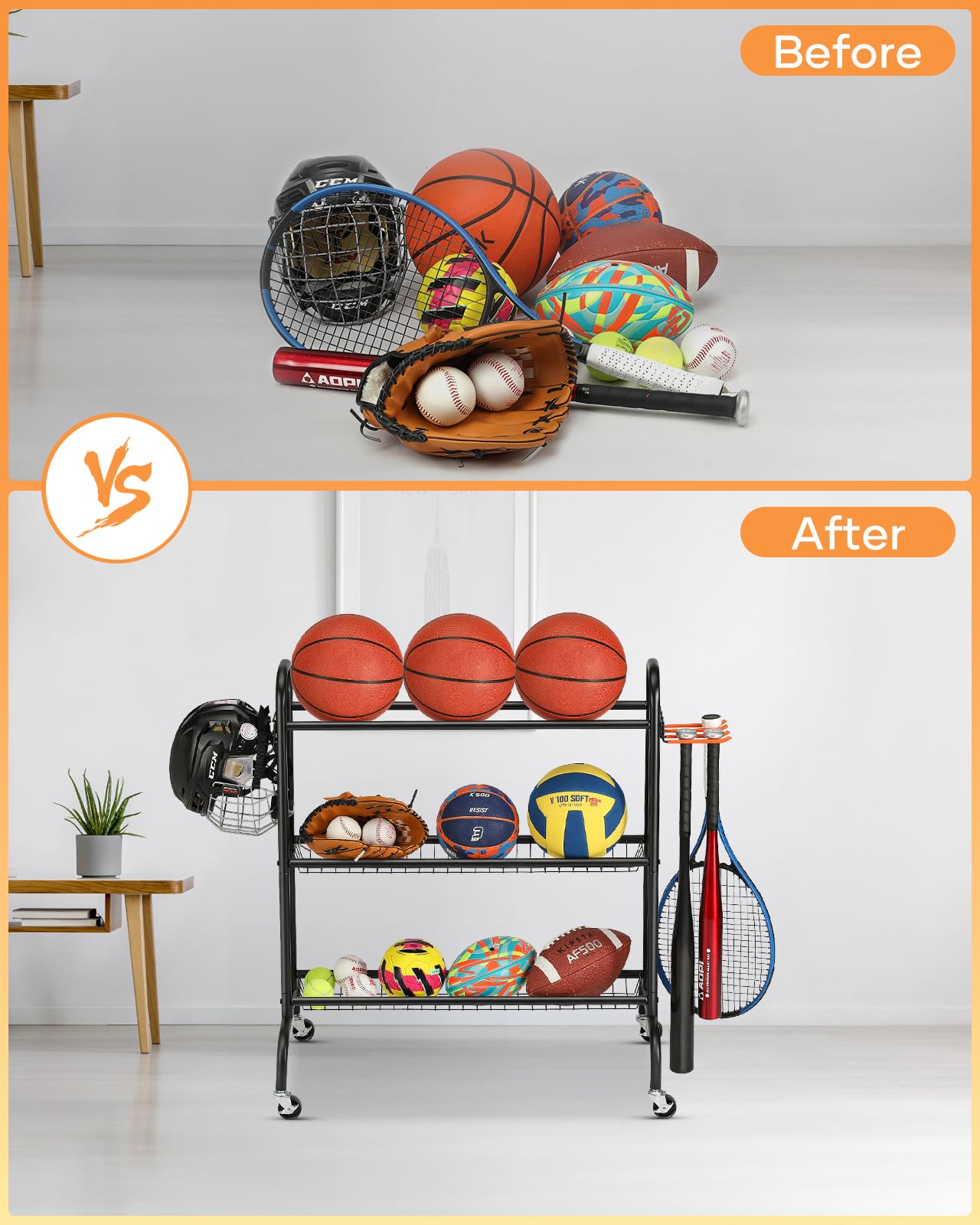 EXTCCT Basketball Racks for Balls, 3-Layer Small Ball Rack Ball Storage For Garage, Outdoor Rolling Ball Cart with Wheels, Two Basket for Basketballs Footballs Volleyball