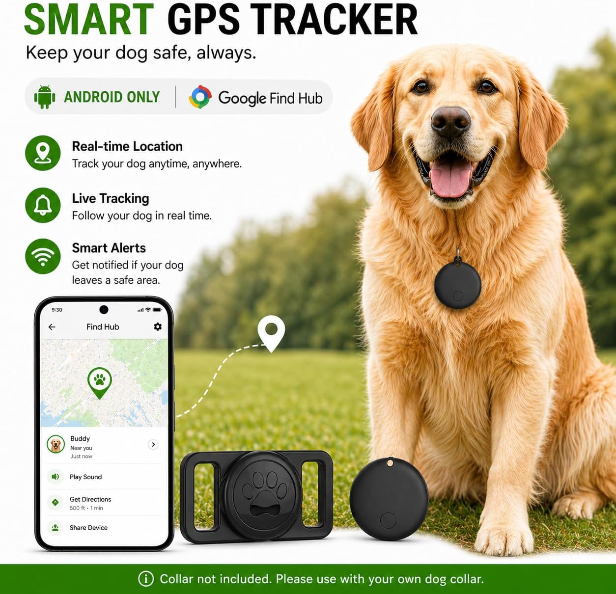 MDTZULIK GPS Collar for Dogs,Pet Tracker (Android Only) Smart tag,Waterproof Compatible with Google Find My,No Monthly