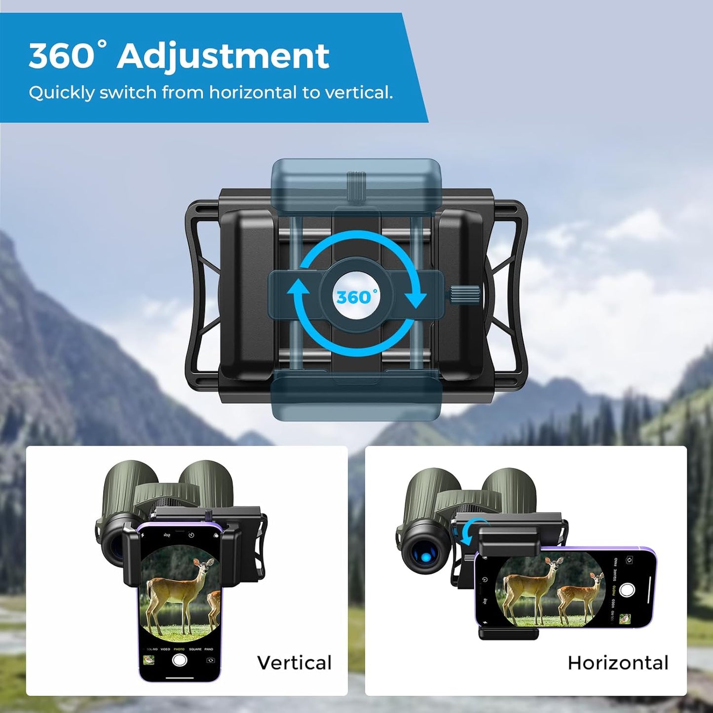 APEXEL 360 Telescope Phone Adapter, Upgraded Binocular Photo Adapter for Android & iPhone, Smartphone Mount